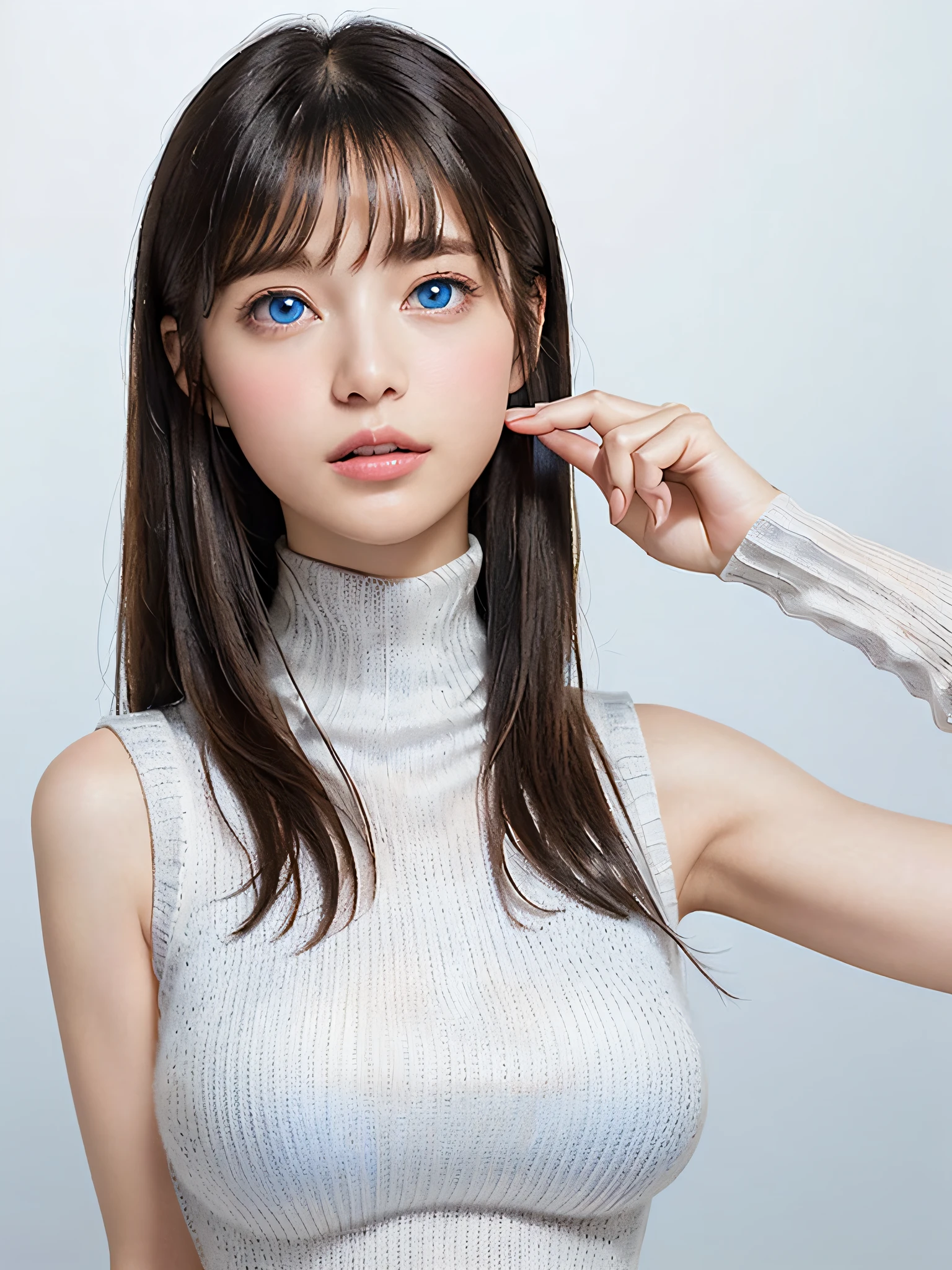 (Shoot from below:1.7, simple gradation background:1.7), (masutepiece, Best Quality, (Realistic, Super Real, Super Reality:1.5), (Photography)), ((2girls, duo:1.8)), (Neat and innocent personality, Gentle atmosphere:1.4), ((white color hair, (Straight very long moist hair):1.5)), (Smile:0.9), (eyes gentle), (Looking at Viewer, cinemagraph), BREAK (((Perfect beauty, Very porcelain skin, Very fair skin, Quality and beautiful skin:1.5)), Super Smart, (Faces with random and very beautiful details:1.4), (Beautiful face with symmetry, symmetrical beautiful eyes, (blue color eyes:1.2), Fine Eyes Detail, Fine face:1.3), (Large eyes, Hyper Detail Eyes, Very clear eyes:1.4), ((2females:1.4)), up of face, Slender face、Smart face, light brown hair, Blunt bangs, hair behind ear, hair over shoulder, Long hair, slender body shape, Ultra Fine Face, Thin face, Delicate lips, Keep your mouth shut, Beautiful eyes, thin blush, eyes are light brown, perfect glossy skin, flawless skin, View here, Ultra-thin hands, Ultra-fine fingers:realisitic:1.5), One-person viewpoint, Fuji Film, 8K, masutepiece, nffsw, Super Detail, High quality, Best Quality, hight resolution, ((Don't show your fingertips))、the golden hour Beautiful light, (((Schoolgirl Uniform)))、((White Short Sleeve Low Cut (Sleeveless Tight Turtleneck Fabric Thin Summer Knit:1.4)))、((Micro Mini Dark Blue Hot Pants))、 ((Very large breasts, firm breasts:1.7)、((Slender body、A slender)))、 (((Positive image:1.3)))、