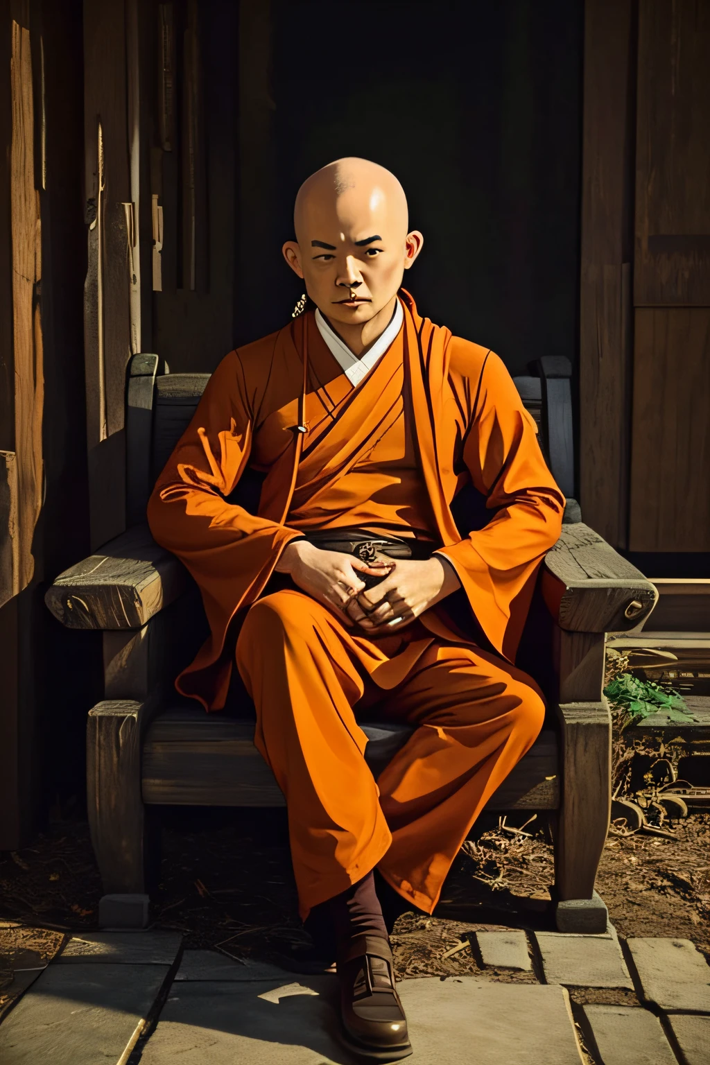 rompts
Copy
Adult bald Chinese monk masculine dangerous straight looking respected man dressed in orange monk dress whom people love to get advice and with only one source of light on face and rest is dark and looking at the center portrait