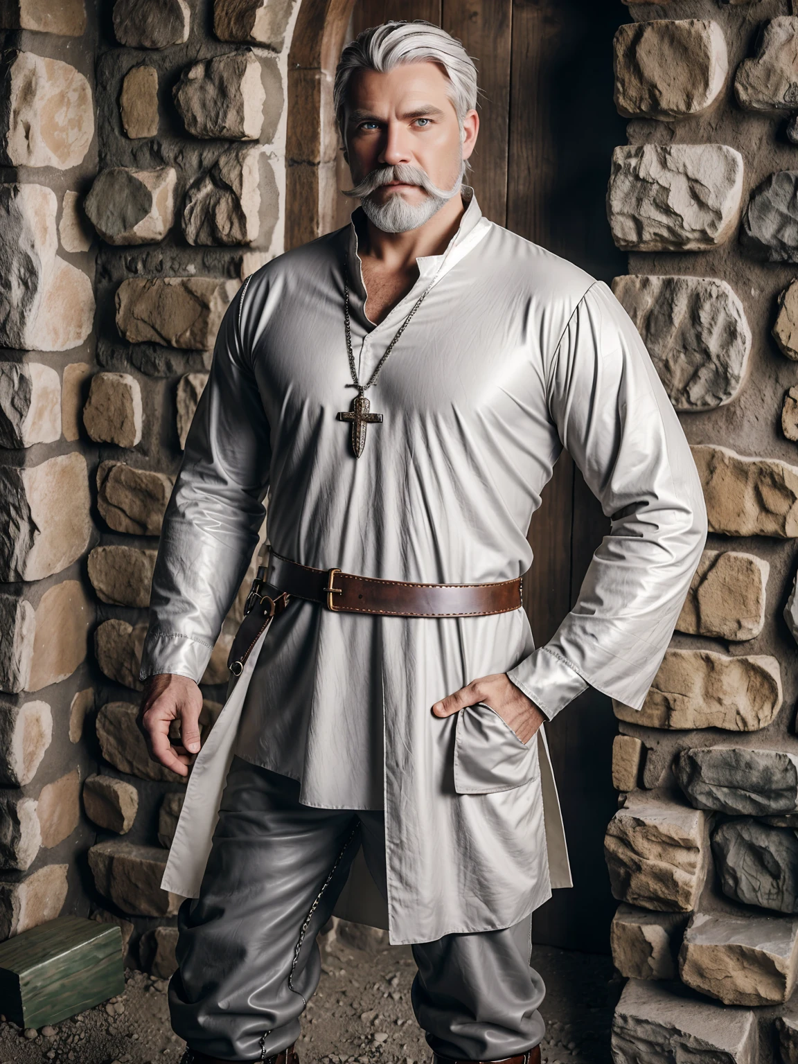 simple background, A 35 year old male, white hair, white mustache with a short white beard. strong, ((grey medieval tunic)), brown loose medieval leather pants, adventure boots. Renaissance clothing, Stern look, green eyes, wearing an emerald amulet on a small chain around his neck, cowboy shot holy magic around him, vamptech,