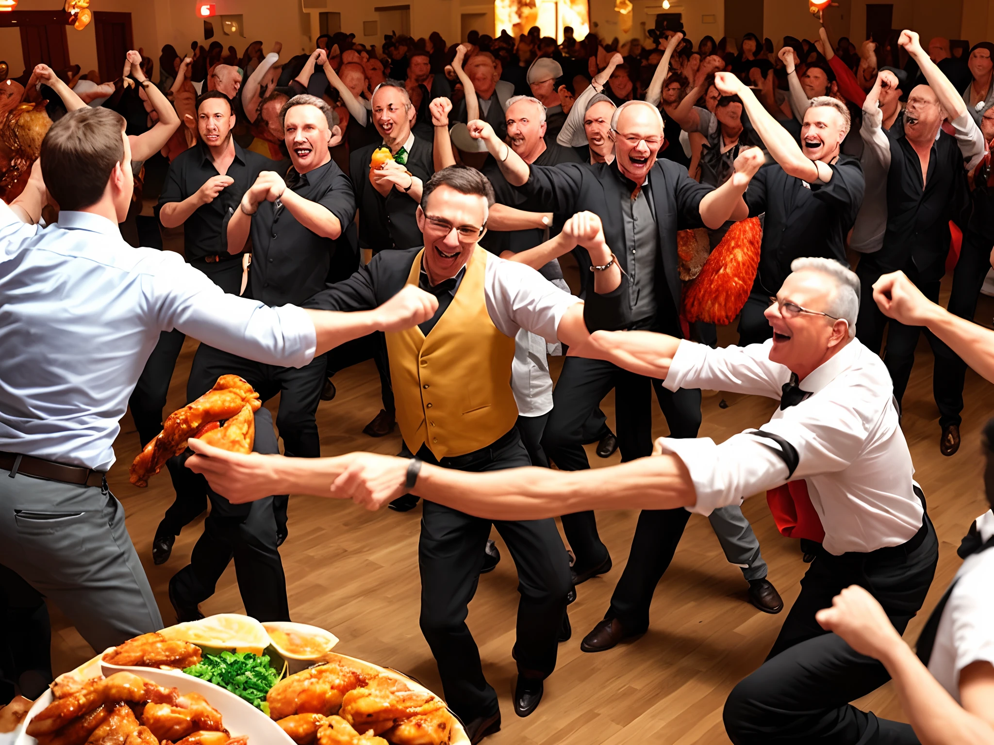 A lot of men dancing wildly with a new kind of chicken wing in their hands