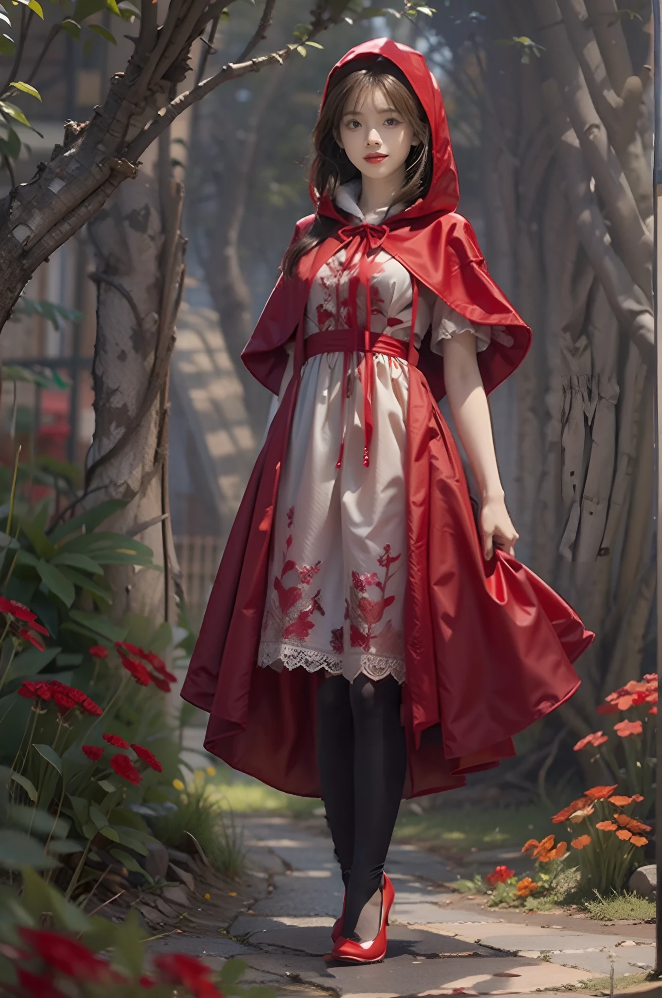 1 girl, curly hair, conservatively dressed, Little Red Riding Hood, Grimm's fairy tale, red hoodie, hood, hood, white shawl, shorts, creek, rocky, character focus, Tyndall effect, cinematic lighting,