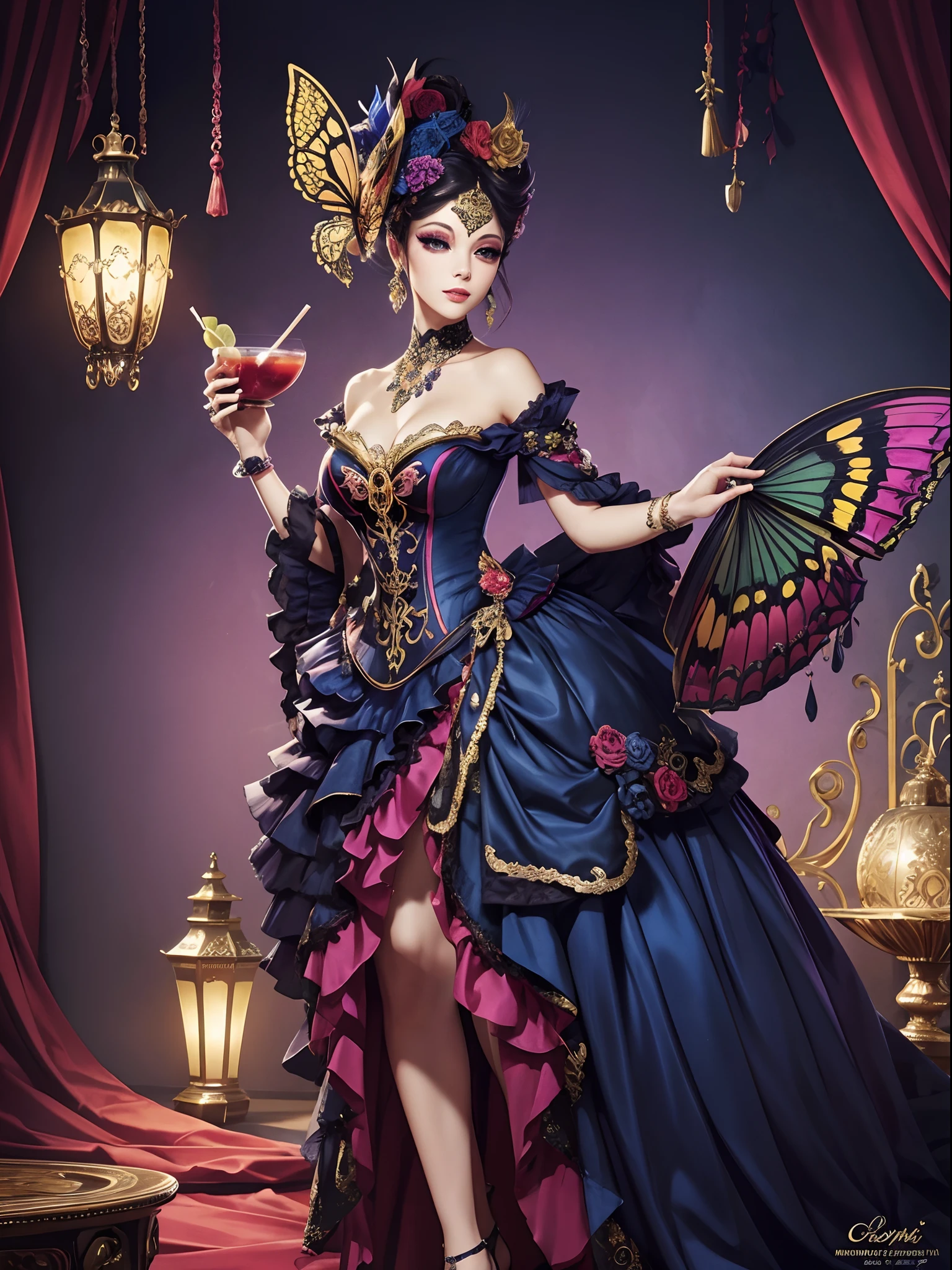 Vibrant colors、((​masterpiece)))、(((top-quality)))、((ultra-detailliert))、(A hyper-realistic)、(highly detailed CGillustration）、Official art、Decadent、Madame Papillon、Masquerade、Elegance、Masks that cover most of the face、Colorful and detailed mask design、matchless beauty、Fans、Gorgeous Cocktail Dresses、jewely、Perfect Angle、perfect-composition。full body Esbian
