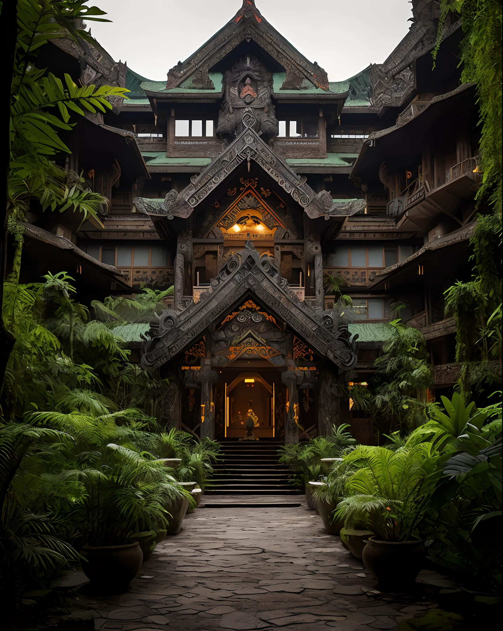 Angkasa, the Malaysian wizardry school, nestled in the lush rainforest. Its architecture fuses mystical elegance with cultural motifs, adorned with intricate Batik patterns. At its heart, the awe-inspiring "Harimau Pusaka" guards the entrance, a majestic fusion of a tiger and a dragon, a symbol of power and wisdom. best quality, intricate details, clean lines, eye-catching composition, soft tones, semi realism, perfect illustration, dynamic pose, ample headroom
