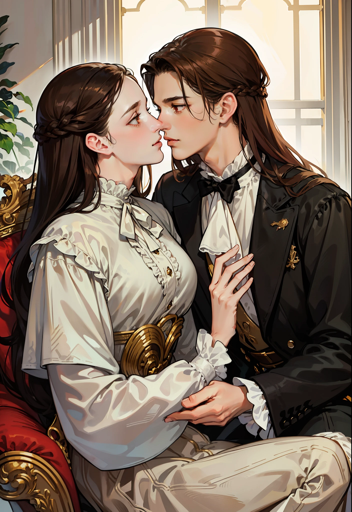 ((masterpieces)), best quality, outstanding illustration, a couple kissing, soft focus, 1 boy with long black hair, RED EYES, 1 girl with long brown hair, BROWN EYES, Victorian clothes, Victorian romanticism, opulent and exquisite atmosphere, soft light and warm lighting.