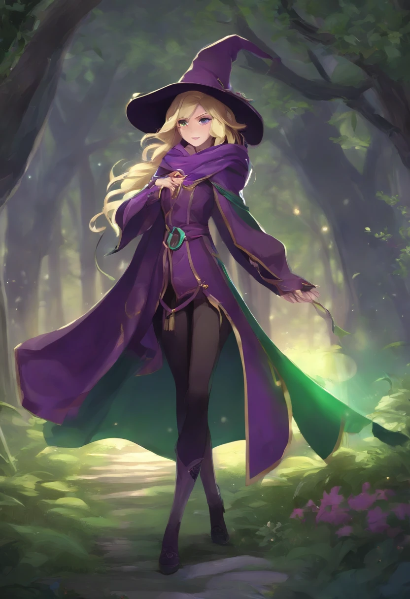 ((live2d))Full body standing picture,Straight,frontage,girl with,sorcerer,The wizard's slightly bent pointy hat,Clothing color: Main purple,Wearing robes,Blonde with a green leaning,