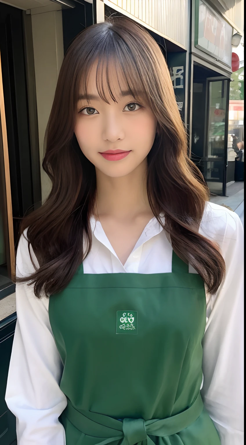 ((top-quality、8K、masterpiece:1.3))、Beautuful Women、1girl in、Colossal tits:1.3、Slender Abs:1.1、A dark brown-haired、(Sleep in bed、open one's legs:1.2)、hyperdetailed face、very detailed lips、A detailed eye、二重まぶた、城市、takeout、a street、Cafe Clerk、Green apron、Coffee、Starbucks