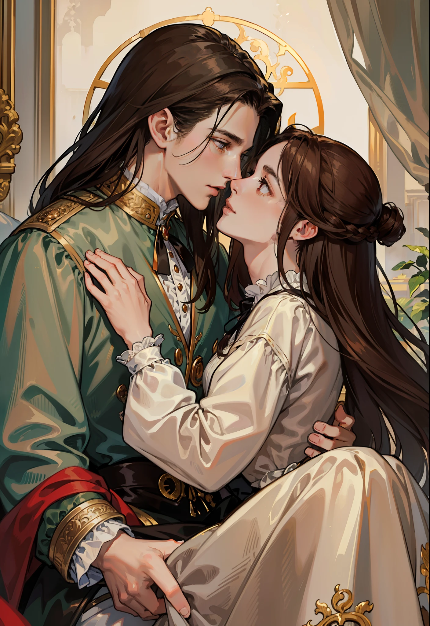 ((masterpieces)), best quality, outstanding illustration, a couple kissing, soft focus, 1 boy with long black hair, RED EYES, 1 girl with long brown hair, BROWN EYES, Victorian clothes, Victorian romanticism, opulent and exquisite atmosphere, soft light and warm lighting.