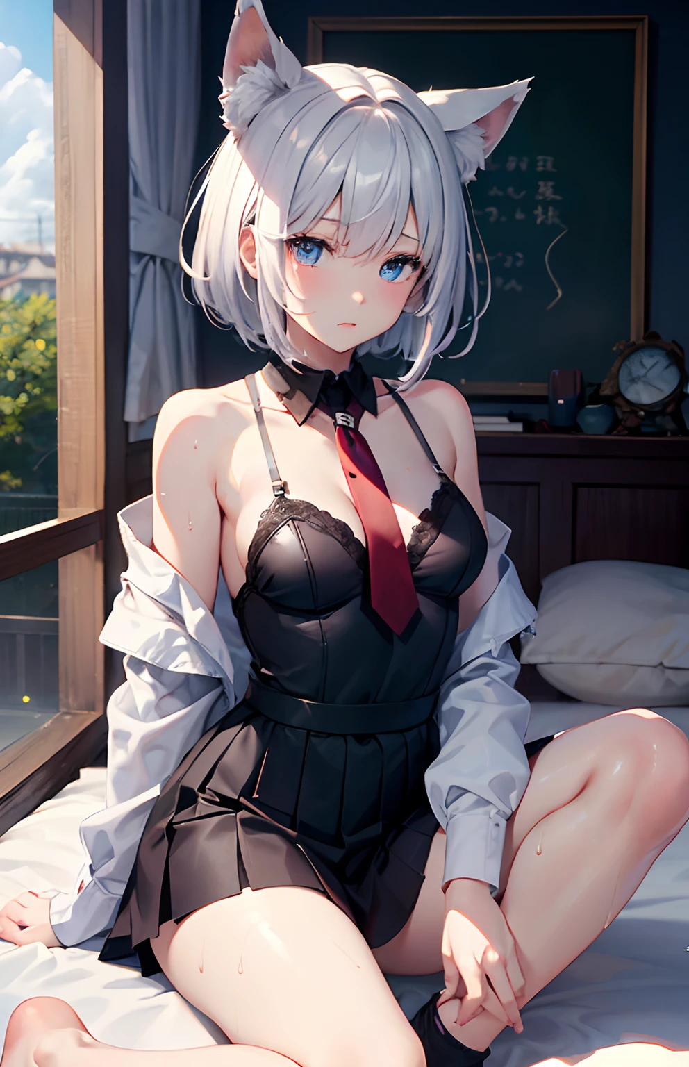 masterpiece,Top image quality,hight resolution,imagem 4k,Raw photo,Photorealsitic,{Solo},teens girl,silber hair,Bery short hair,stare at each other,Blue eyes,小柄,Silver fox ears,Fox tail,on the beds,shrine maiden,,boyish,,Wet、small tits,,an lingerie,a ,Shirt,skirt by the,neck tie,Shoulder out