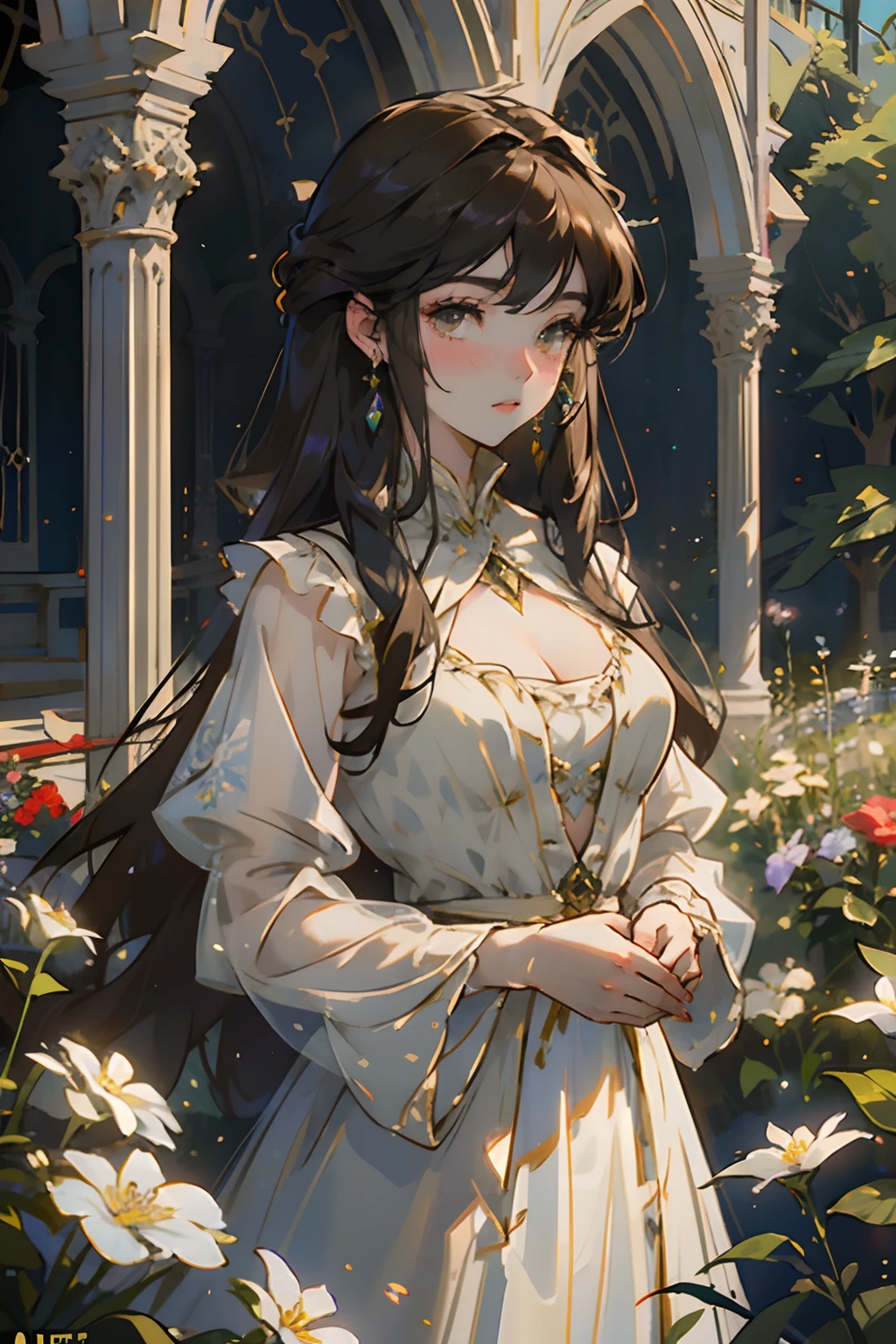 In the Pre-Raphaelite masterpiece、Very beautiful young fantasy princess standing in flower garden, dreamlike effects in backlight. Her brown hair is soft and backlit, Her sheer dress offers a glimpse of cleavage. Arch completes ...