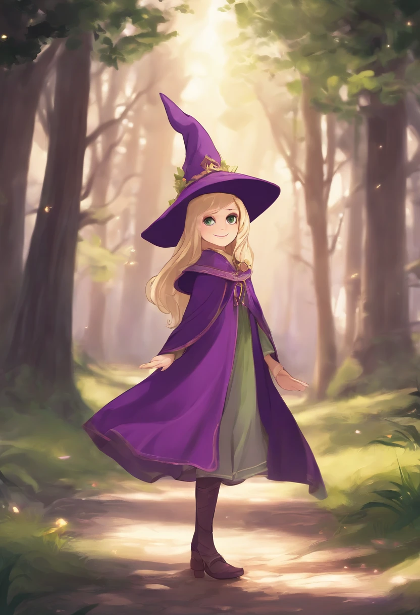 ((live2d))Full body standing picture,Straight,frontage,Little girl,Sorcerer's Clothing,The wizard's slightly crooked pointy hat,colors of clothing: Main Purple,wearing robe,Blonde with green tilt,Background white,