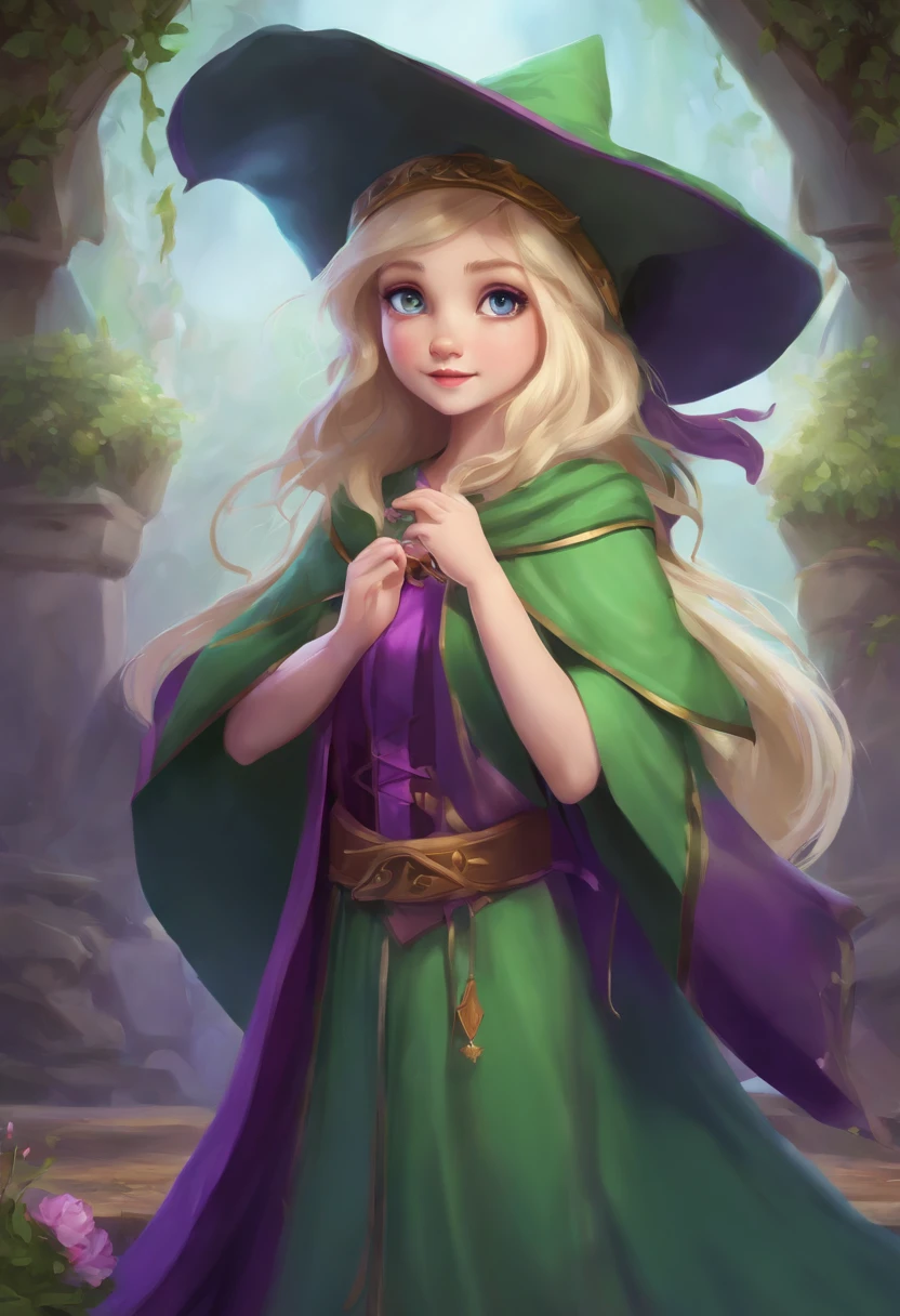 ((live2d))Full body standing picture,Straight,frontage,Little girl,Sorcerer's Clothing,The wizard's slightly crooked pointy hat,colors of clothing: Main Purple,wearing robe,Blonde with green tilt,Background white,