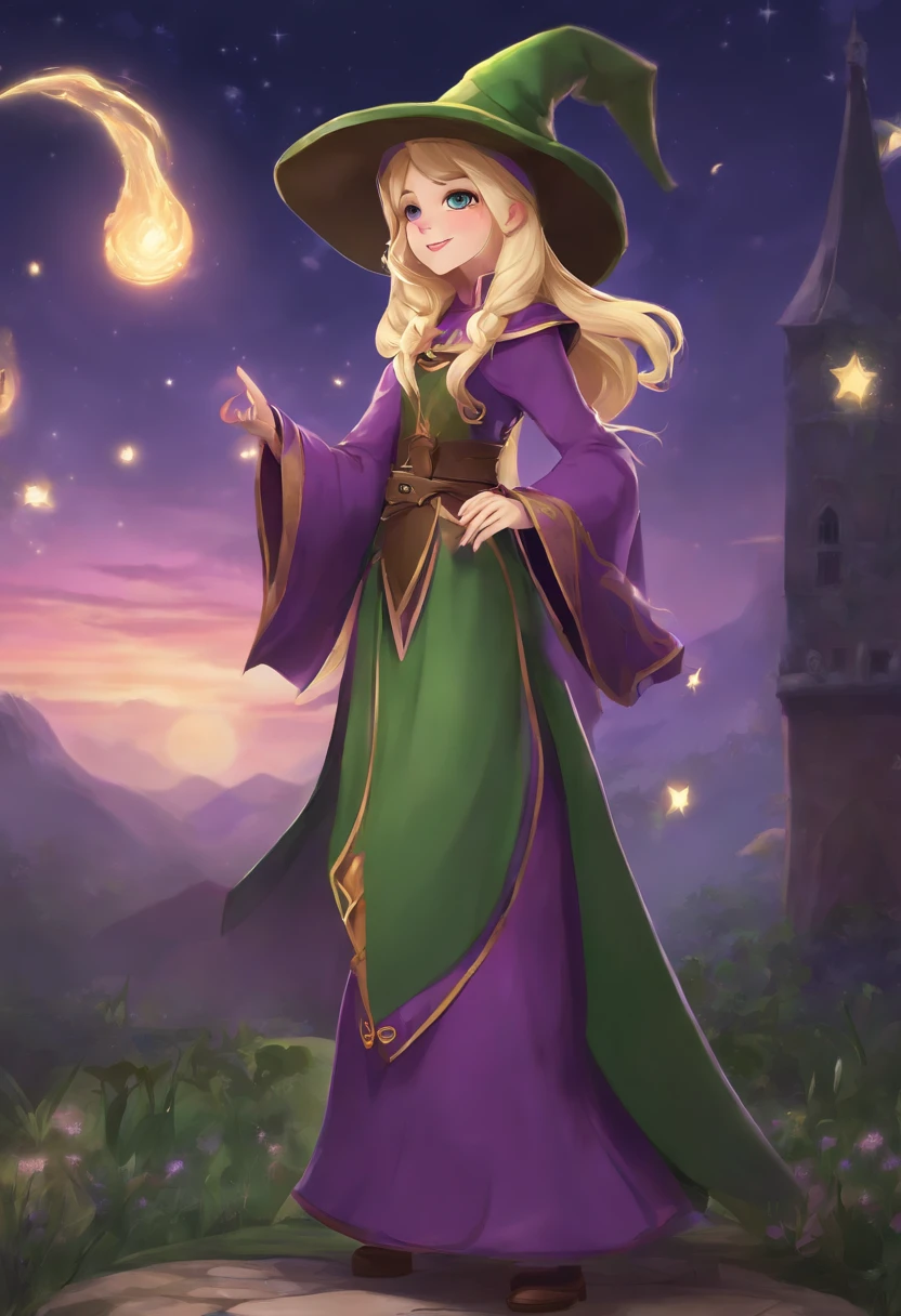 ((live2d))Full body standing picture,Straight,frontage,,Sorcerer's Clothing,The wizard's slightly crooked pointy hat,colors of clothing: Main Purple,wearing robe,Blonde with green tilt,Background white,
