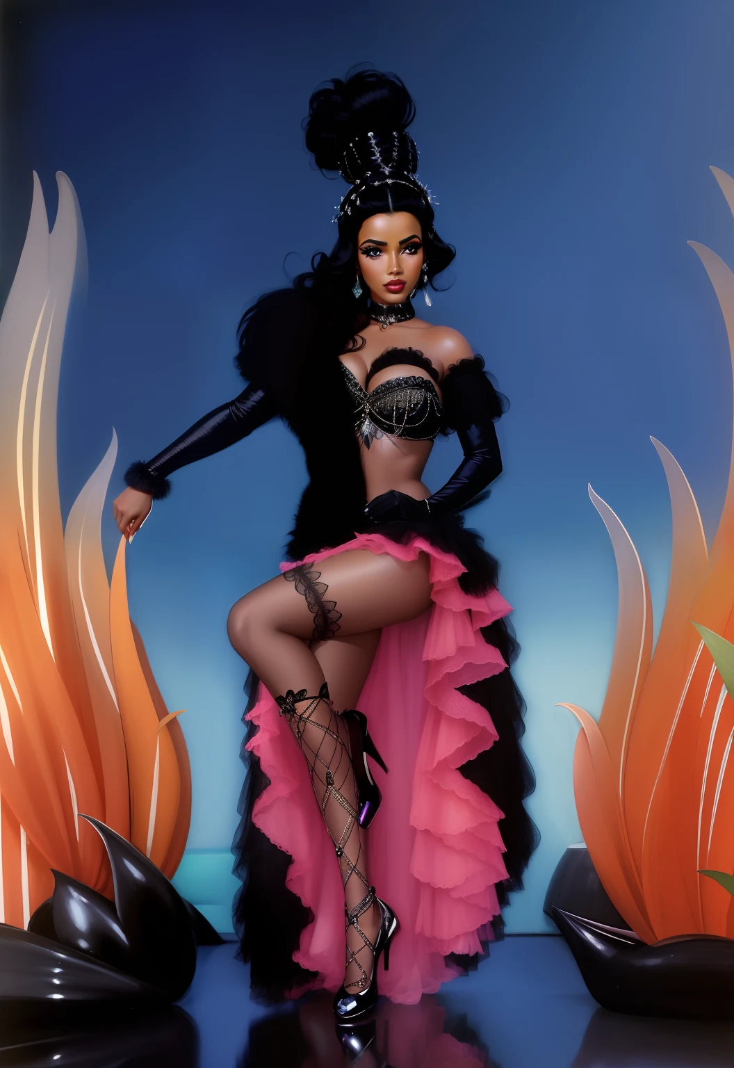 MULHER DE PELE ESCURA PELE NEGRA Araffe vestido com um vestido preto e rosa e uma saia de penas, burlesco, Fantasiado, em um vestido elaborado extravagante, Gill Elvgren, Marjorie Cameron, foto vintage technicolor filme, Judy Garland, divino, imagem promocional do filme, extravagante decorado fantasiosamente, imagem do avatar, filme promocional ainda, PELE NEGRA cor negra negra pele escura marrom mulher de pele negra muito escura usando chamas tumultuosas muito negra muito escura pele muito negra retinta