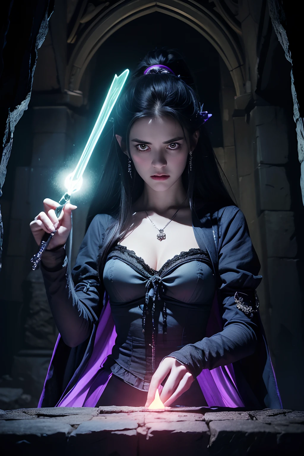 (absurderes, hight resolution, ultra-detailliert), Female Frankenstein, holding a magic wand, Inside the pyramid,
