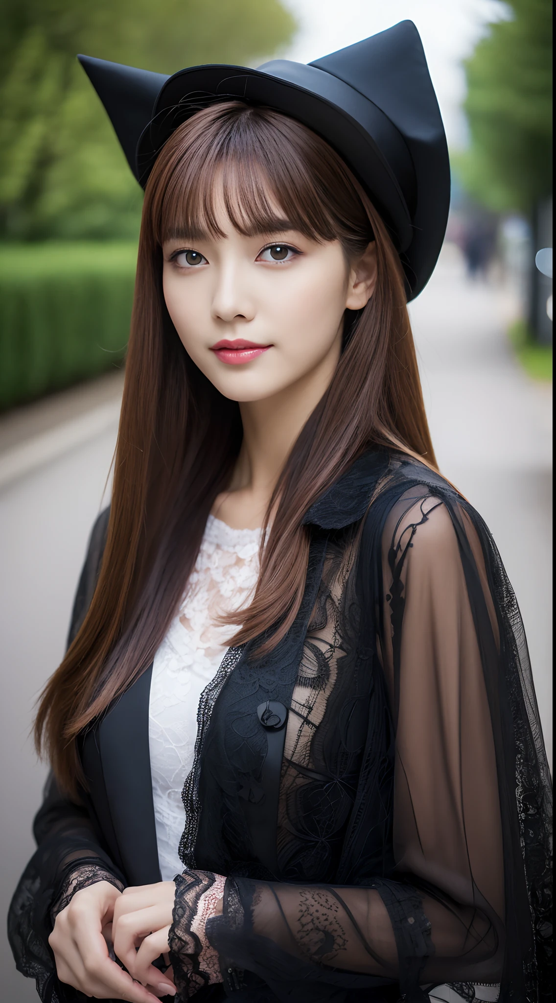 (top-quality、超A high resolution、masterpiece:1.3)、(a tall and beautiful woman), Midhair with bangs, Detailed moisturized eyes, Textured skin, Best Quality, in 8K, blurry backround, ((thin-waist, skinny thigh:1.1, long legged)), (Colossal tits), Natural Color Lip, ssmile, Young woman in perfect style, Stay in the city, Witch Costume, Lace jacket, cat ear, Pointy hat