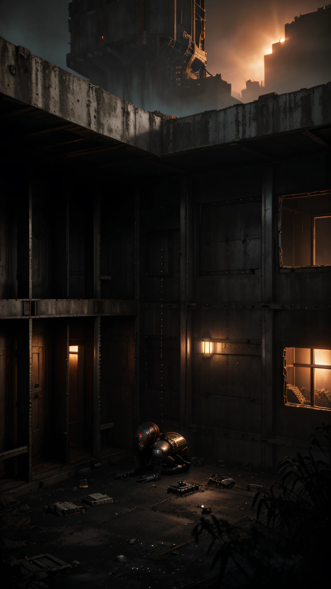highly detailed landscape, loneliness, gloomy, abandoned vault, old wooden crates, dark endless concrete labyrinth, lots of mechanical spiders around, glowing red spider eyes, gloomy atmosphere, dystopian, highly detailed, highly detailed lighting, cold lighting, black sky, dusty, hopeless, dark girl, (dark black skin) girl, ashen girl