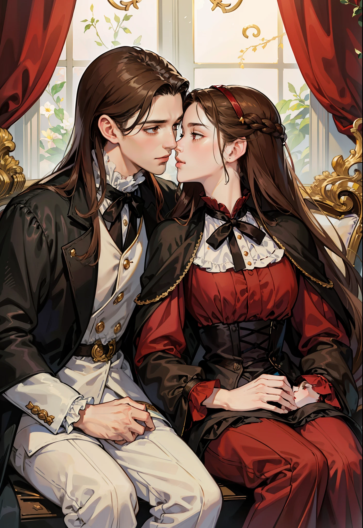 ((masterpieces)), best quality, outstanding illustration, a couple kissing, soft focus, 1 boy with long black hair, RED EYES, 1 girl with long brown hair, BROWN EYES, Victorian clothes, Victorian romanticism, opulent and exquisite atmosphere, soft light and warm lighting.