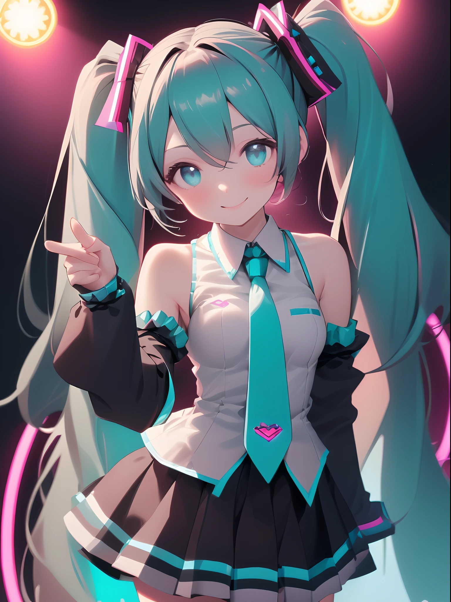 1girl, solo, ((Hatsune Miku)), twintails, skirt, detached sleeves, tie, posing, smile, looking at viewer, stage, neon lights, ((masterpiece, best quality)), extremely detailed, cute, light effect