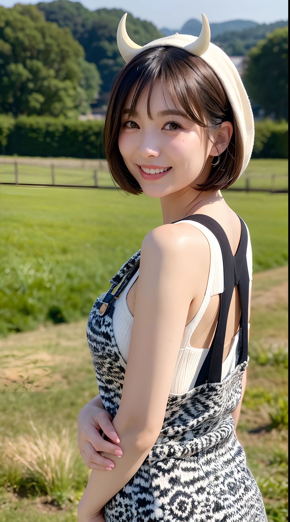 Best Quality, Face Focus, Soft light, 超A high resolution, (Photorealistic:1.4), Raw photo,Highlight the valley
Japan girls, Cute, (pupils on, Light in the eyes), Detailed beautiful face, (large boob),(High-resolution details of human skin texture),Frolic,Cute smile,White and black patterned sweater
(Short bob gray hair)、White and black patterned sweater、Cow horns on the head、indecency、shinny skin、Cute smile、grass field、Breasts squeezed from the back of women in overalls
Damask Shirt Dress,
(Portrait)