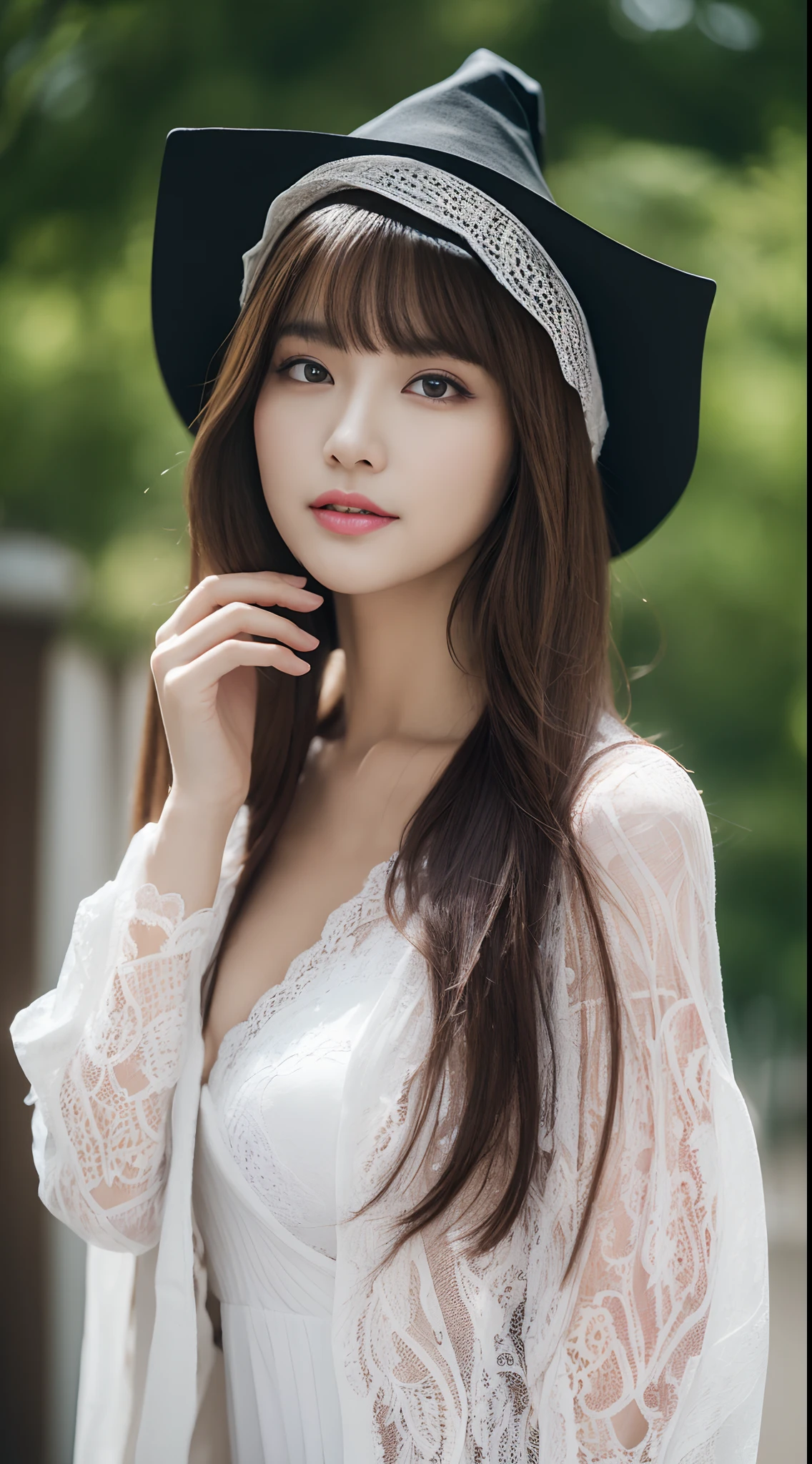 (top-quality、超A high resolution、masterpiece:1.3)、(a tall and beautiful woman), Midhair with bangs, Detailed moisturized eyes, Textured skin, Best Quality, in 8K, blurry backround, ((thin-waist, skinny thigh:1.1, long legged)), (Colossal tits), Natural Color Lip, ssmile, Young woman in perfect style, Stay in the city, Witch Costume, Lace jacket, cat ear, Pointy hat