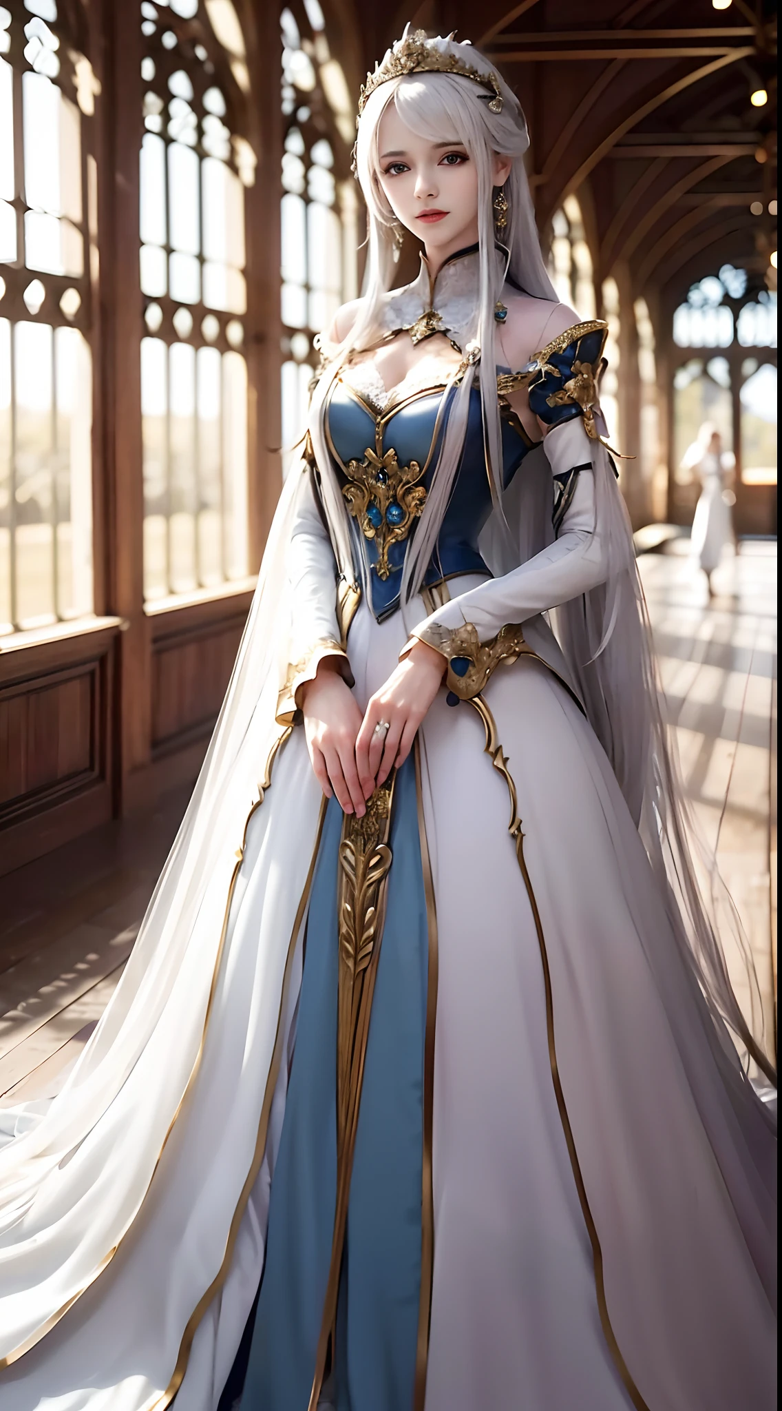 masterpiece, best quality, 1 young woman, detailed, medival dress, messy long hair, standing, look at the viewer, (serious: 0.85), (sliver hair: 1.25), white hair, high res, depth of field, best quality, highly detailed, sharp focus, modelshoot style, indoor