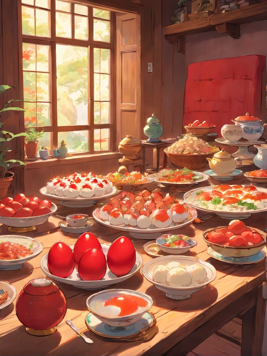 In the daytime，There are a lot of red eggs on the table in the brightly lit room