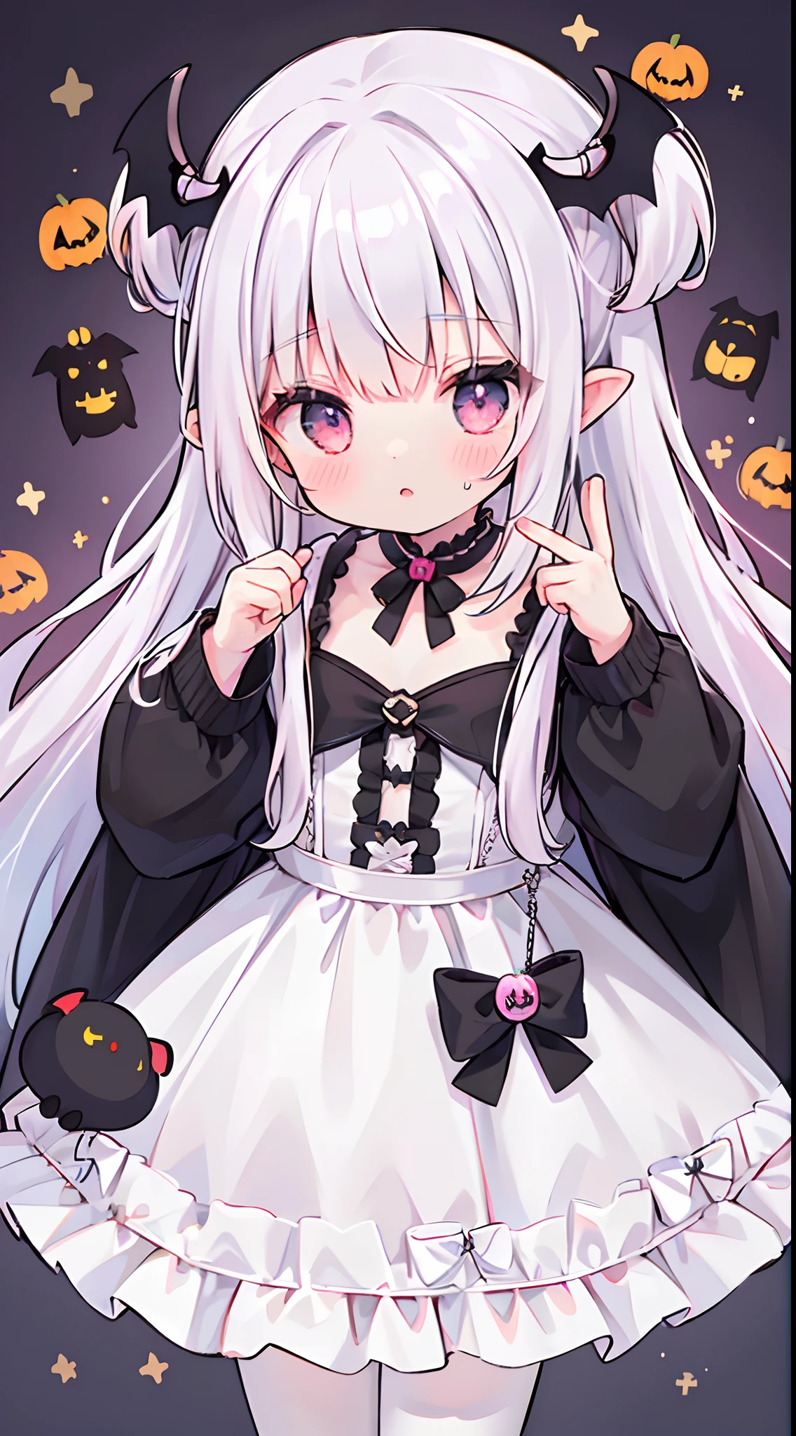 ((hiquality,Best Quality,8K,Top image quality,))girl1,1人,Lori,kawaii,Halloween,fancy dress,Anthropomorphism of bats,White hair,Bat hairpin,Pink eyes,Twin-tailed,cute little,Lori,