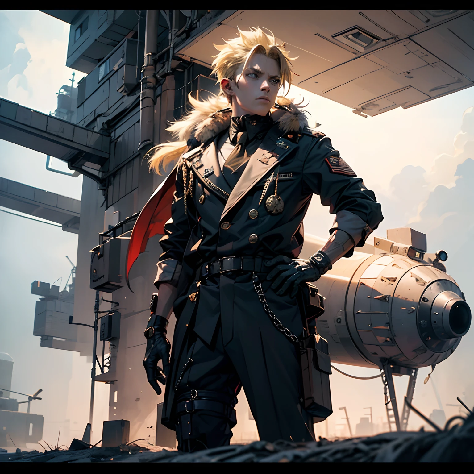 1man, military uniform, Sci fi, Blonde hair, spiky hair, serious face, full body, Sniper division