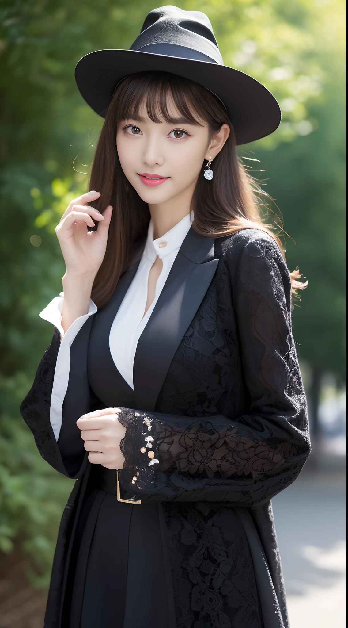 (top-quality、超A high resolution、masterpiece:1.3)、(a tall and beautiful woman), Midhair with bangs, Detailed moisturized eyes, Textured skin, Best Quality, in 8K, blurry backround, ((thin-waist, skinny thigh:1.1, long legged)), (Colossal tits), Natural Color Lip, ssmile, Young woman in perfect style, During the day, you are in the downtown area, Witch Costume, Lace jacket, Pointy hat