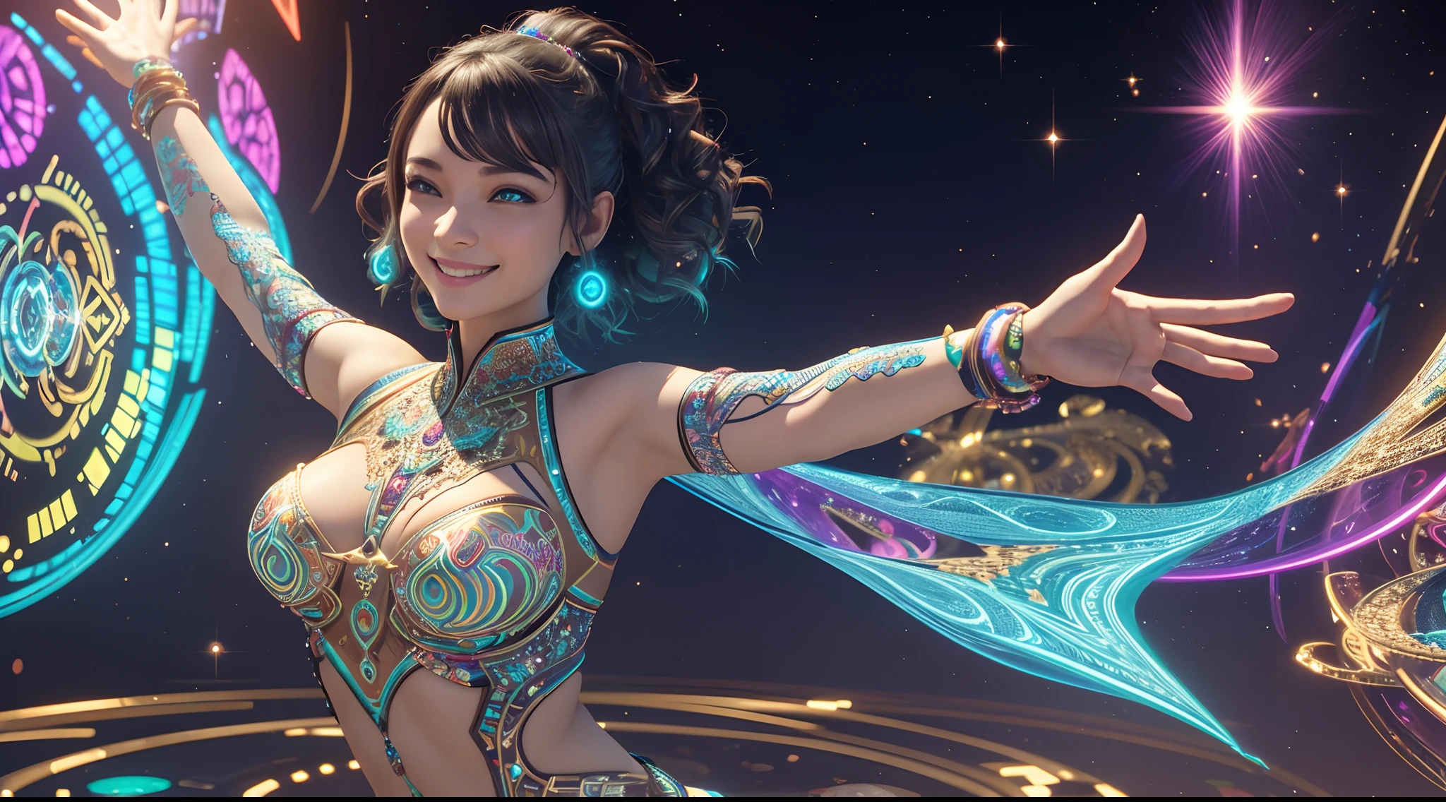 Vivid digital 3D images，Holographic fractal ecstatic dancing woman with electronic circuits,Smile， Intricately radiant Greeble details