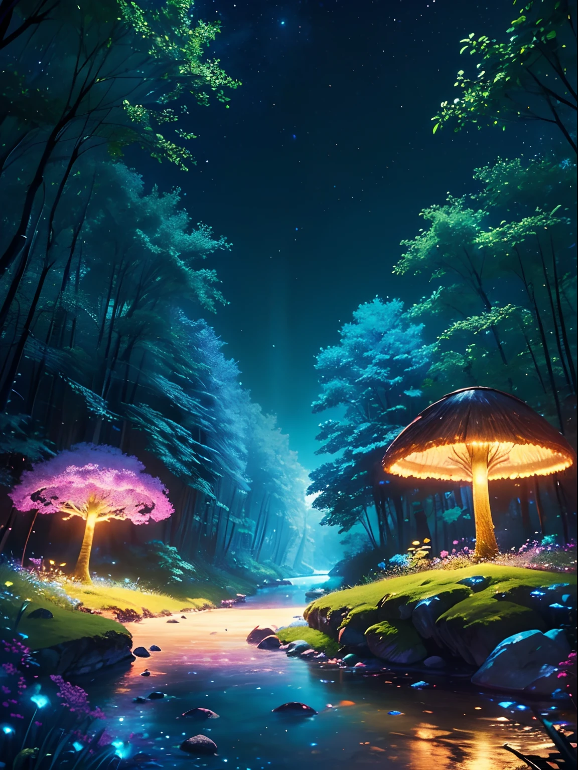 Enchanted mystical forest, neon-colored butterflies, pure blue water river spring, golden mini fairies, glowing mushrooms releasing pollen, extremely beautiful landscape, (ultra-realistic), {extremely detailed 8k CG unit wallpaper}, expansive landscape photography, (a low view that prioritizes the entire scene, (wide open field view), (low angle shot), (high light: 1.5), (low light: 1.0), (warm light source: 1.0), complex details, (iridescent colors: 1.5), (bright lighting), (atmospheric lighting), nature, magical, landscape