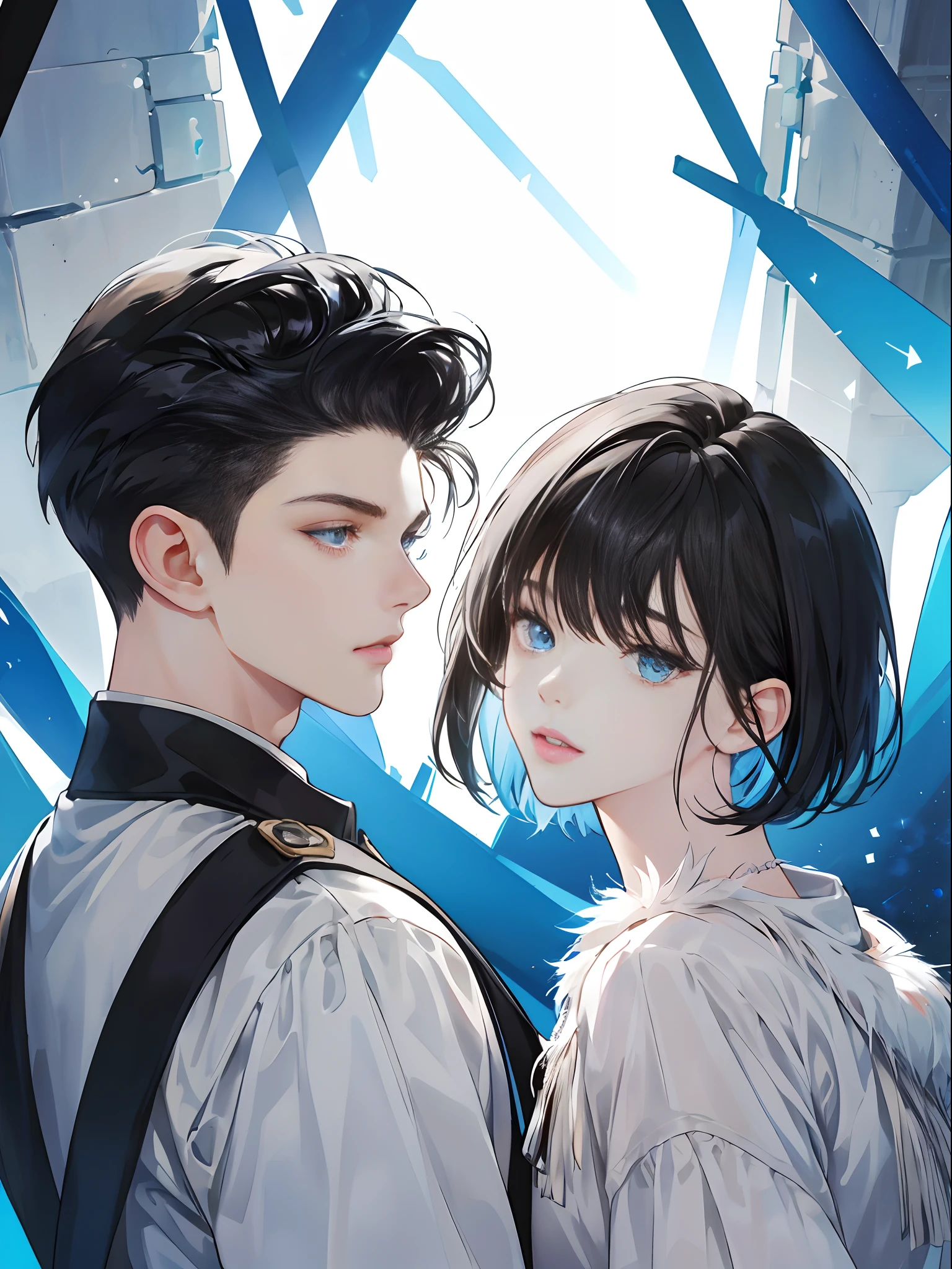 (extreamly delicate and beautiful:1.2), 8K, (tmasterpiece, best:1.0), One male (short black Quiff hair with Soft Fringe, bangs part on side 3:7 ratio) (blue eyes), One female (short black hair with fringe) (blue eyes), Upper body shot, 1 male 1 female
