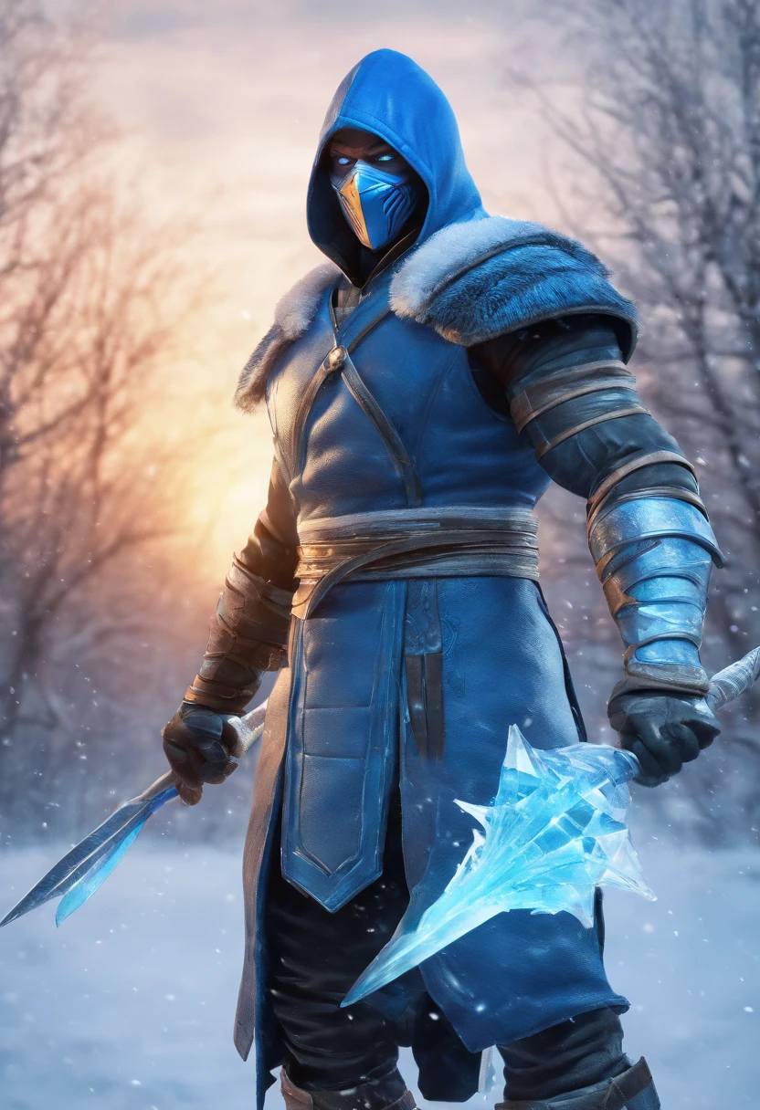 epic image of sub zero from mortal kombat in winter. Holding a spear made out of ice