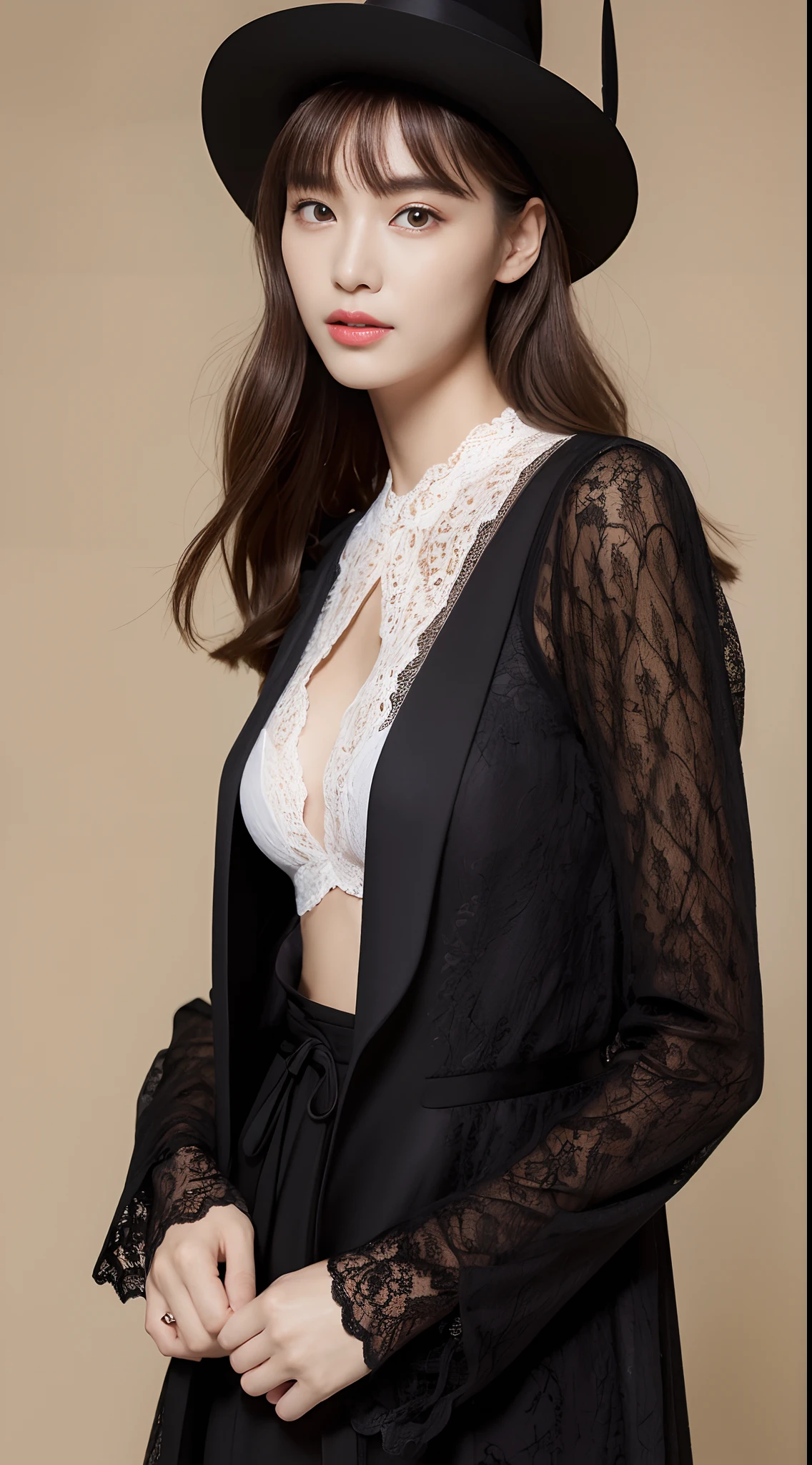 (top-quality、超A high resolution、masterpiece:1.3)、(a tall and beautiful woman), Midhair with bangs, Detailed moisturized eyes, Textured skin, Best Quality, in 8K, blurry backround, ((thin-waist, skinny thigh:1.1, long legged)), (Colossal tits), Natural Color Lip, ssmile, Young woman in perfect style, During the day, you are in the downtown area, Witch Costume, Lace jacket, Pointy hat