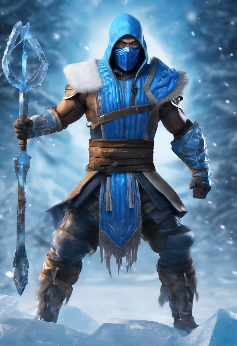 epic image of sub zero from mortal kombat 1 in winter. Holding a spear made out of ice