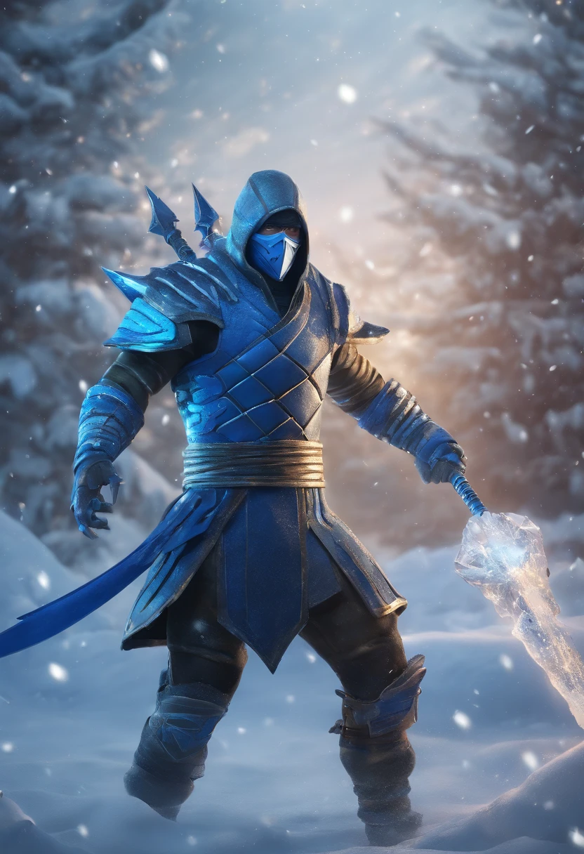 epic image of sub zero from mortal kombat 1 in winter. Holding a spear made out of ice