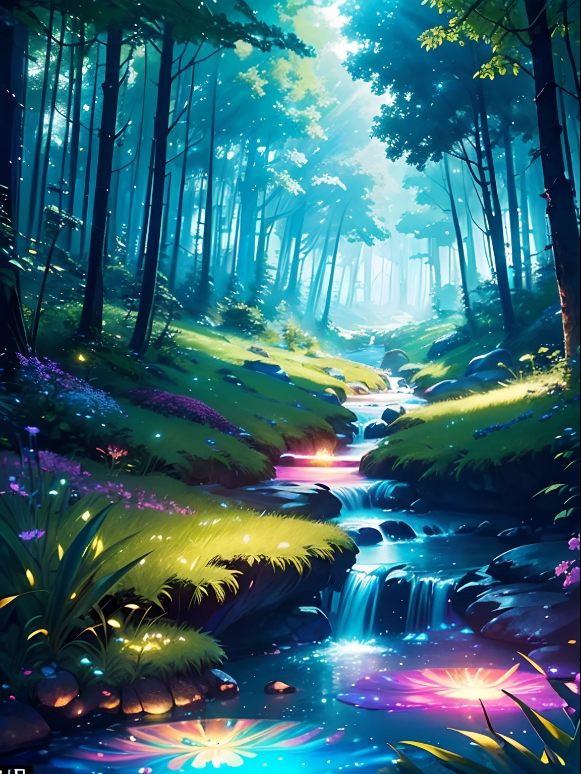 Enchanted mystical forest, neon-colored butterflies, pure blue water river spring, golden mini fairies, glowing mushrooms releasing pollen, extremely beautiful landscape, (ultra-realistic), {extremely detailed 8k CG unit wallpaper}, expansive landscape photography, (a low view that prioritizes the entire scene, (wide open field view), (low angle shot), (high light: 1.5), (low light: 1.0), (warm light source: 1.0), complex details, (iridescent colors: 1.5), (bright lighting), (atmospheric lighting), nature, magical, landscape