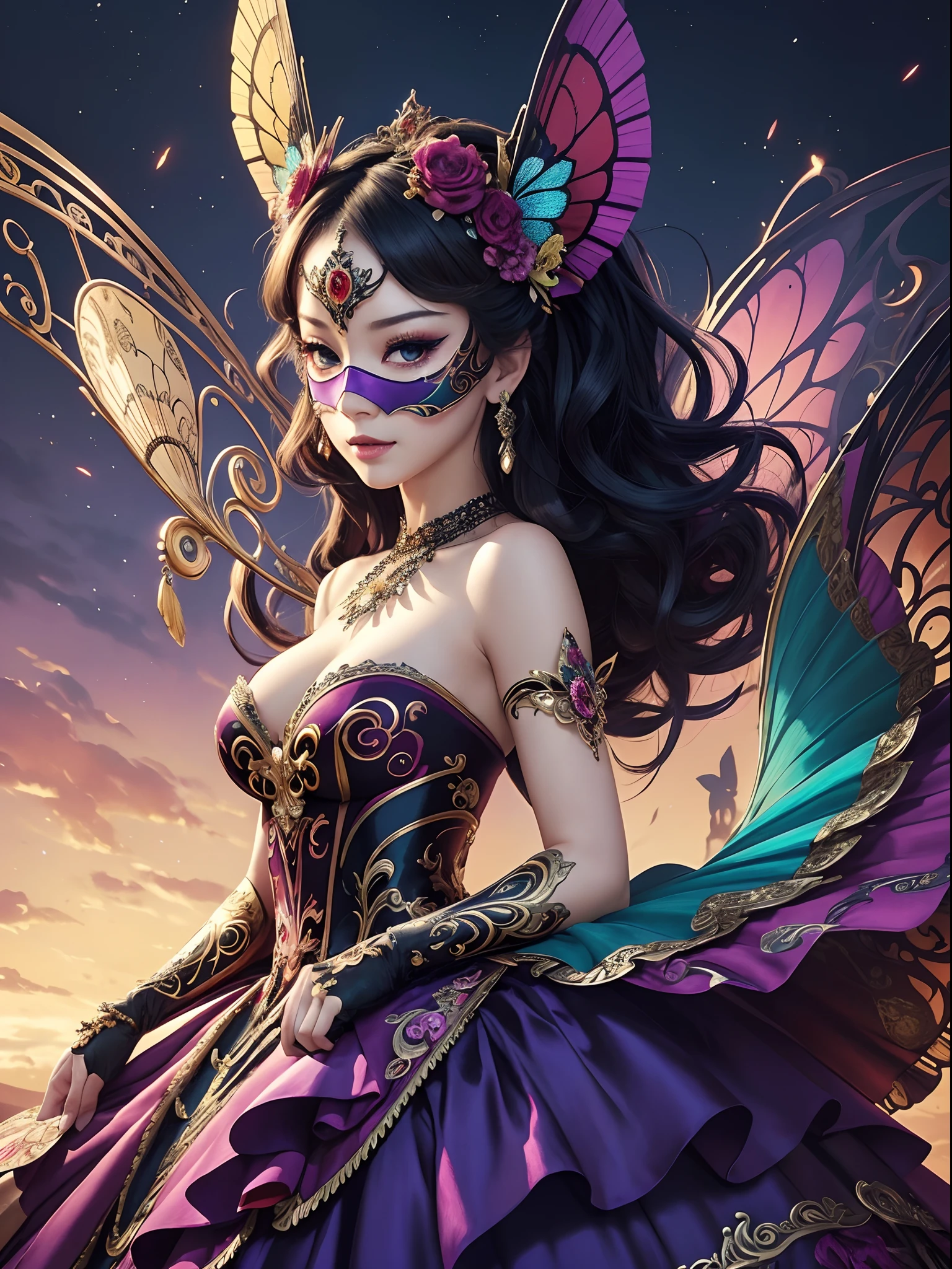Vibrant colors、((​masterpiece)))、(((top-quality)))、((ultra-detailliert))、(A hyper-realistic)、(highly detailed CGillustration）、Official art、Fantastic and beautiful backgrounds、Decadent、Madame Papillon、Masquerade、Elegance、Masks that cover most of the face、Colorful and detailed mask design、matchless beauty、Fans、Gorgeous Cocktail Dresses、jewely、Perfect Angle、perfect-composition。full body Esbian