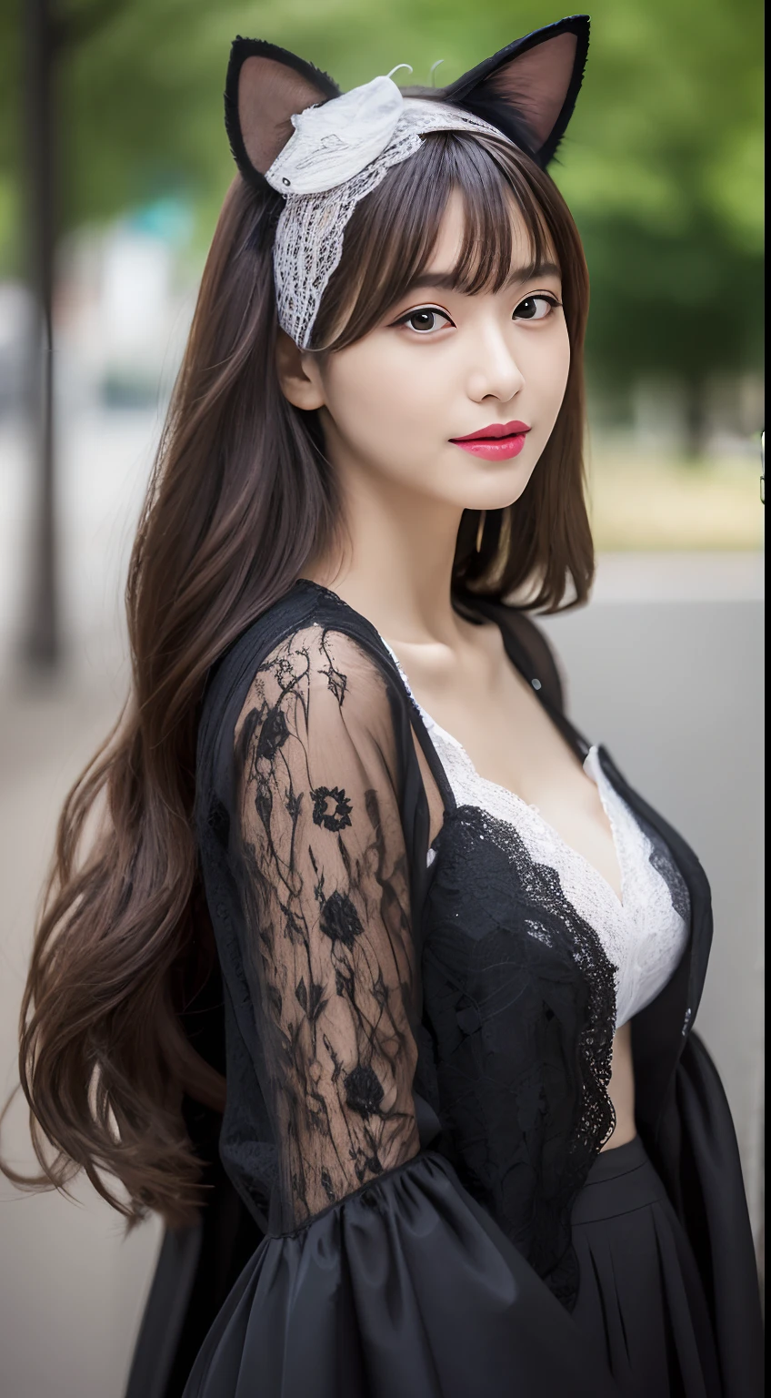 (top-quality、超A high resolution、masterpiece:1.3)、(a tall and beautiful woman), Midhair with bangs, Detailed moisturized eyes, Textured skin, Best Quality, in 8K, blurry backround, ((thin-waist, skinny thigh:1.1, long legged)), (Colossal tits), Natural Color Lip, ssmile, Young woman in perfect style, during the day, You are in the downtown area, Witch Costume, Lace jacket, Cat-eared headband