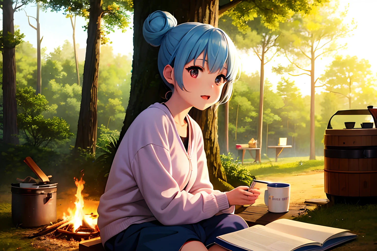 Shima Rin, 1girl in, blue hairs, Hair buns, sitting on, campsite, plein air, the woods, camp fire,anirl, top-quality, 超A high resolution,realisitic，The warm，Admire the bonfire