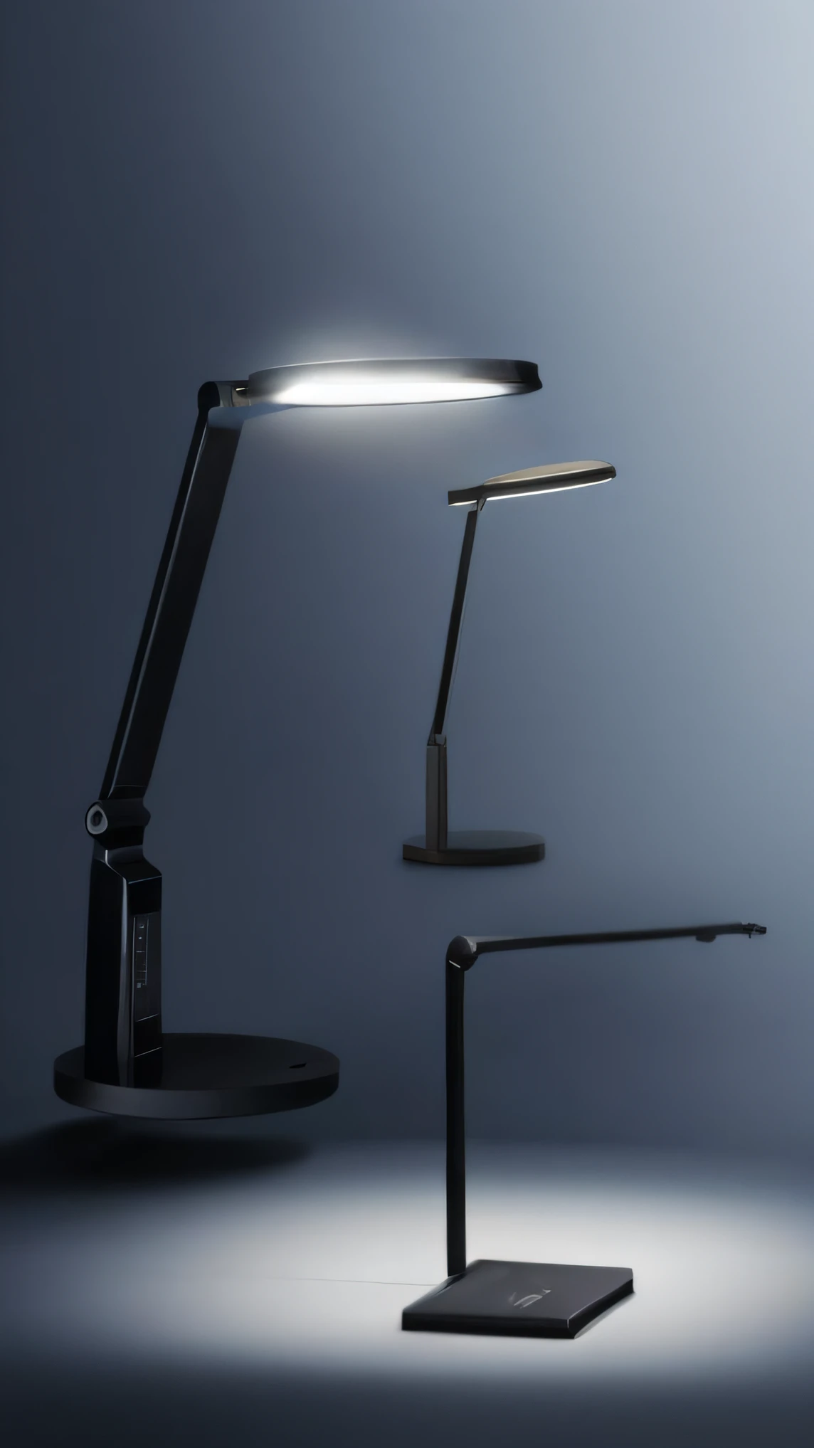 Close-up of a table lamp，There is a clock on it, led lamps, light lighting side view, table light, cinematic counter light, 5000k white product lighting, Latitude lighting, full - length view, Ergonomic, lumen, luminouslighting, LED light, stunning high tech, LED, LED lighting, detailled image, famous designer lamp，The background is a black and gray background with a sense of technology