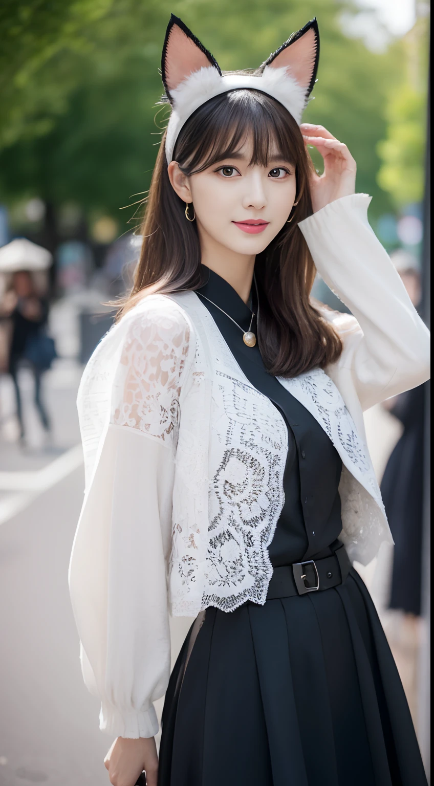 (top-quality、超A high resolution、masterpiece:1.3)、(a tall and beautiful woman), Midhair with bangs, Detailed moisturized eyes, Textured skin, Best Quality, in 8K, blurry backround, ((thin-waist, skinny thigh:1.1, long legged)), (Colossal tits), Natural Color Lip, ssmile, Young woman in perfect style, during the day, You are in the downtown area, Witch Costume, Lace jacket, Cat-eared headband