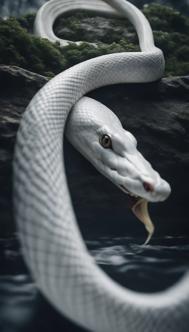 (((White Snake))) Best Quality, Ultra-high resolution, Detailed 4K CG, Master Parts, (Japan myths),Only one white snake,Looking at the front aesthetic, Screen-centric,mystical