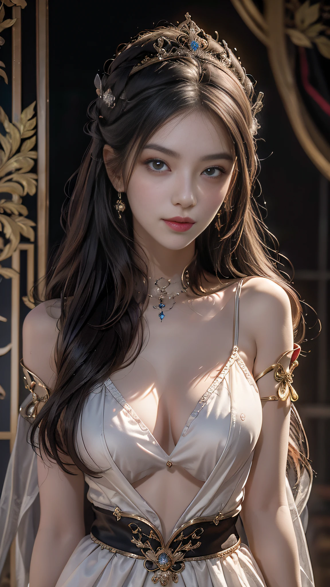 Portrait of a young saint of 20 years old, Saint with a beautiful and super cute face,Wearing a very thin and sexy Ao Dai, Beautiful cute face, There is a deep slit in the chest、Black and white lace trim attractive Ao Dai, Beautiful face without blemish, Lovely smile, ((7 colors of hair length:1.2)), Big Crown, Hair brooch, Hamf Dress, Chinese ancient style, Full Body Jewelry, Tattoo on the forehead, The female saint's chest is round、It's so full, breast augmentation surgery, Innocent face, The most beautiful and detailed pale red lipstick, ((thin plump lips:0.3)), Delicate pink and white eyes (White and detailed) Cinematic, Light and Darkness, Dramatic Lighting, magical light, Highly detailed light, True Color, Super sharp, Realistic, The 8k quality, Fantasy universe background, Saints and magical spaces, The most detailed image, Solo, saints, ((See the saint's upper body directly:0.4)), ((Smooth skin:0.5)),