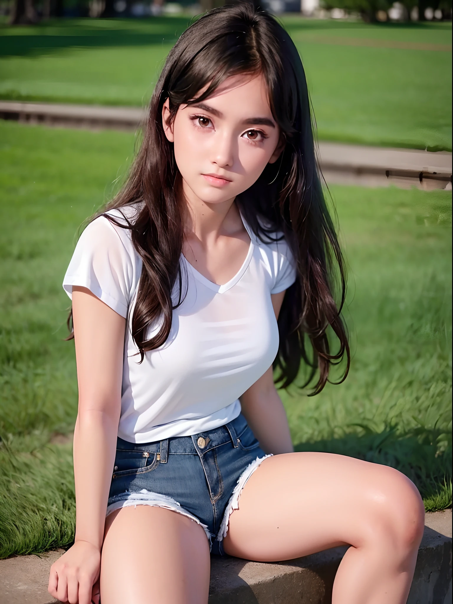 (Masterpiece, Best Quality, High Quality, 8K, UHD), a beautiful girl, 17 years old, (wearing a white tankt_top, shorts jeans, long hair, posing as a model), sitting, in a green park. beautiful face, white skin, black hair, smooth skin, ideal body, detailed face and eyes,