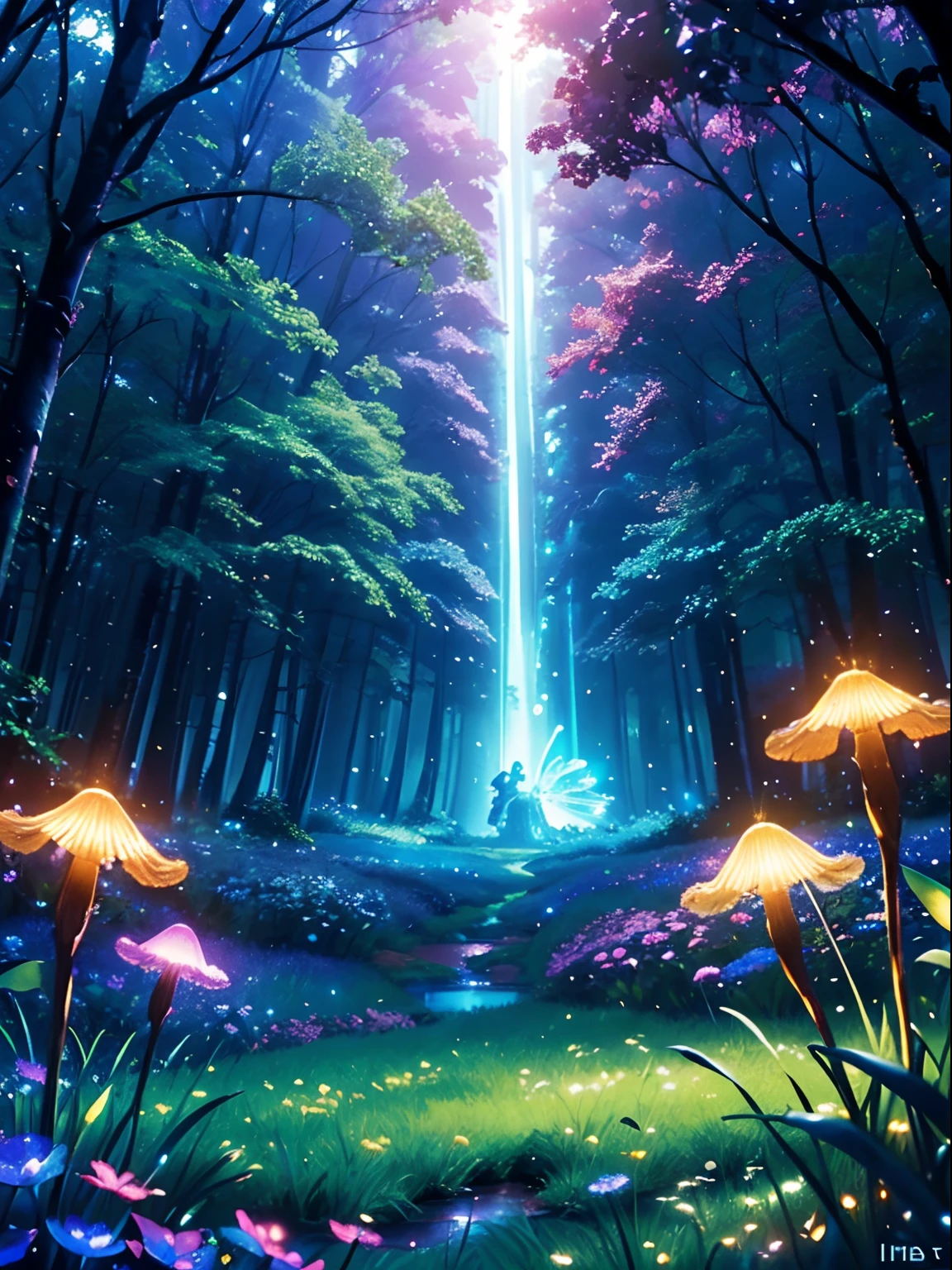 Enchanted mystical forest, neon-colored butterflies, pure blue water river spring, golden mini fairies, glowing mushrooms releasing pollen, extremely beautiful landscape, (ultra-realistic), {extremely detailed 8k CG unit wallpaper}, expansive landscape photography, (a low view that prioritizes the entire scene, (wide open field view), (low angle shot), (high light: 1.5), (low light: 1.0), (warm light source: 1.0), complex details, (iridescent colors: 1.5), (bright lighting), (atmospheric lighting), nature, magical, landscape