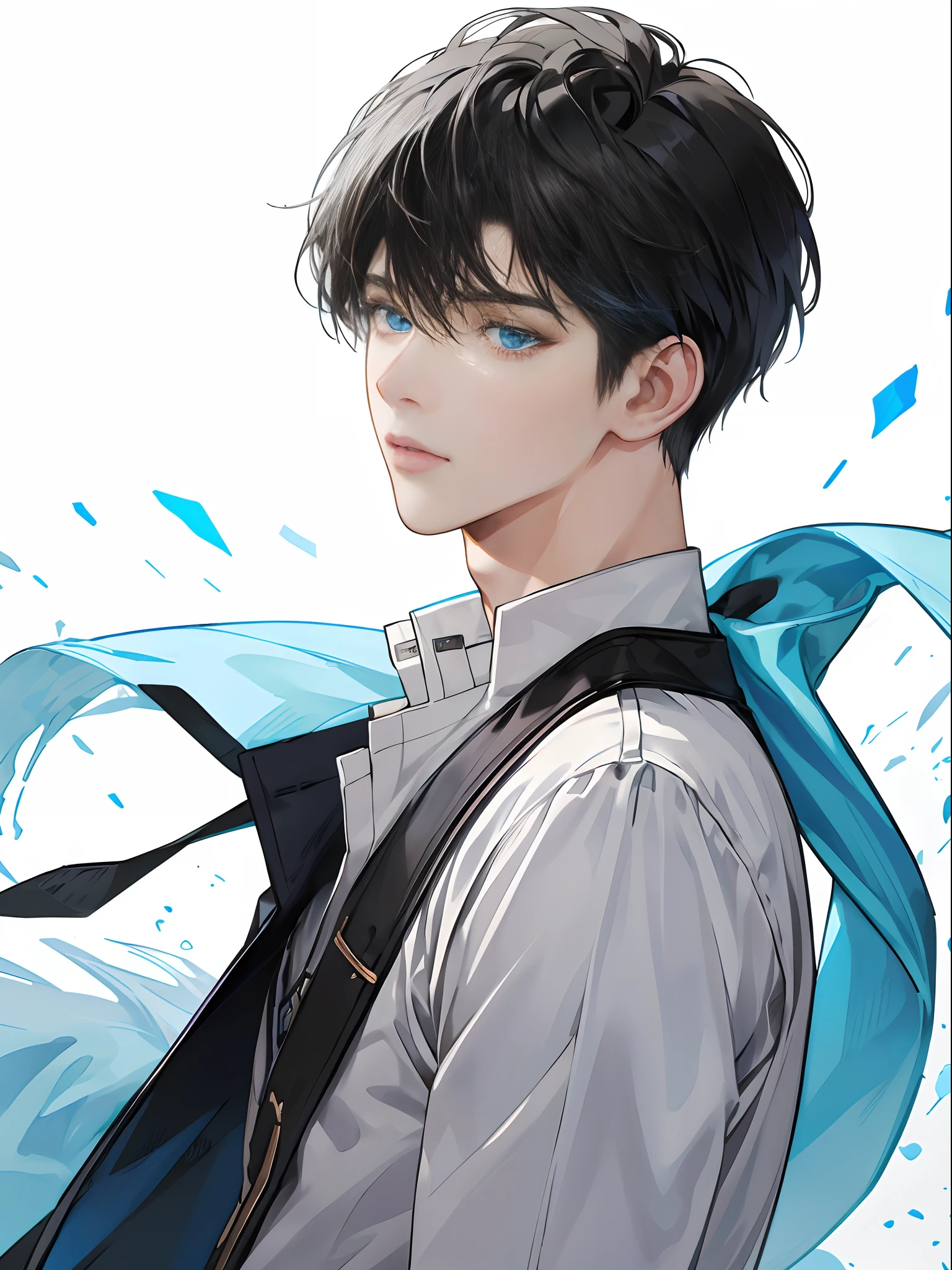 (extreamly delicate and beautiful:1.2), 8K, (tmasterpiece, best:1.0), One male (short black Quiff hair with Soft Fringe, bangs part on side 3:7 ratio) (blue eyes), One female (short black hair with fringe) (blue eyes), Upper body shot, 1 male 1 female