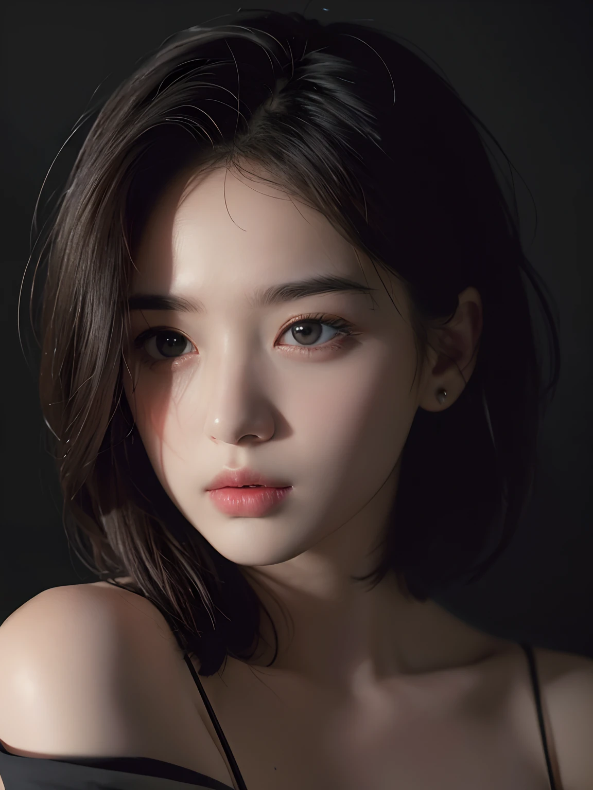 Best quality, masterpiece, ultra high res, (photorealistic:1.5), raw photo, 1girl, offshoulder, in the dark, deep shadow, low key, cold light, sexy look, short hair