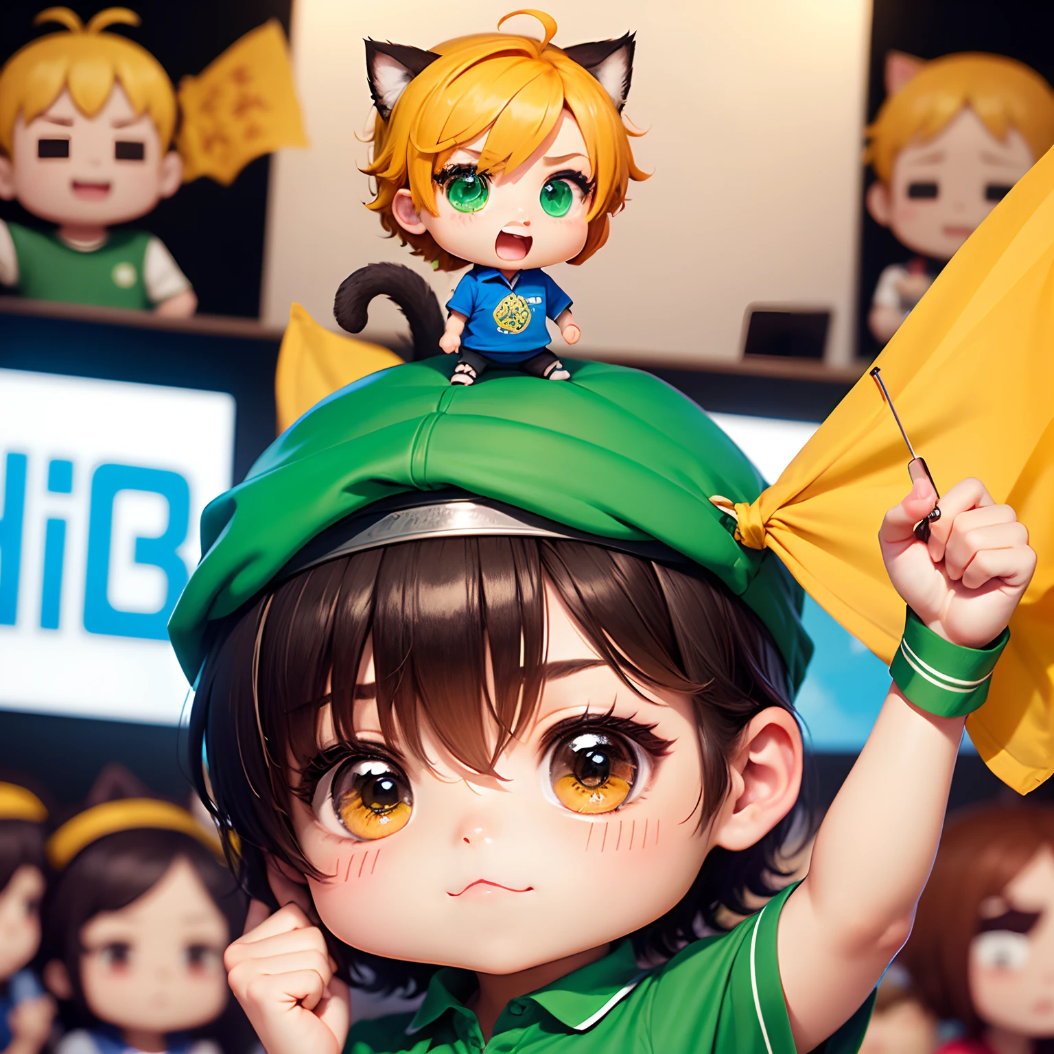 masterpiece、top-quality、ultra-detailliert、(Chibi Chara Man:1.2)、short-haired、cat ear、Fans of idols、(Wear a bandana on your head:1.3)、Green polo shirt、JINS、cheering、🪭、banner、Standing、exclamation