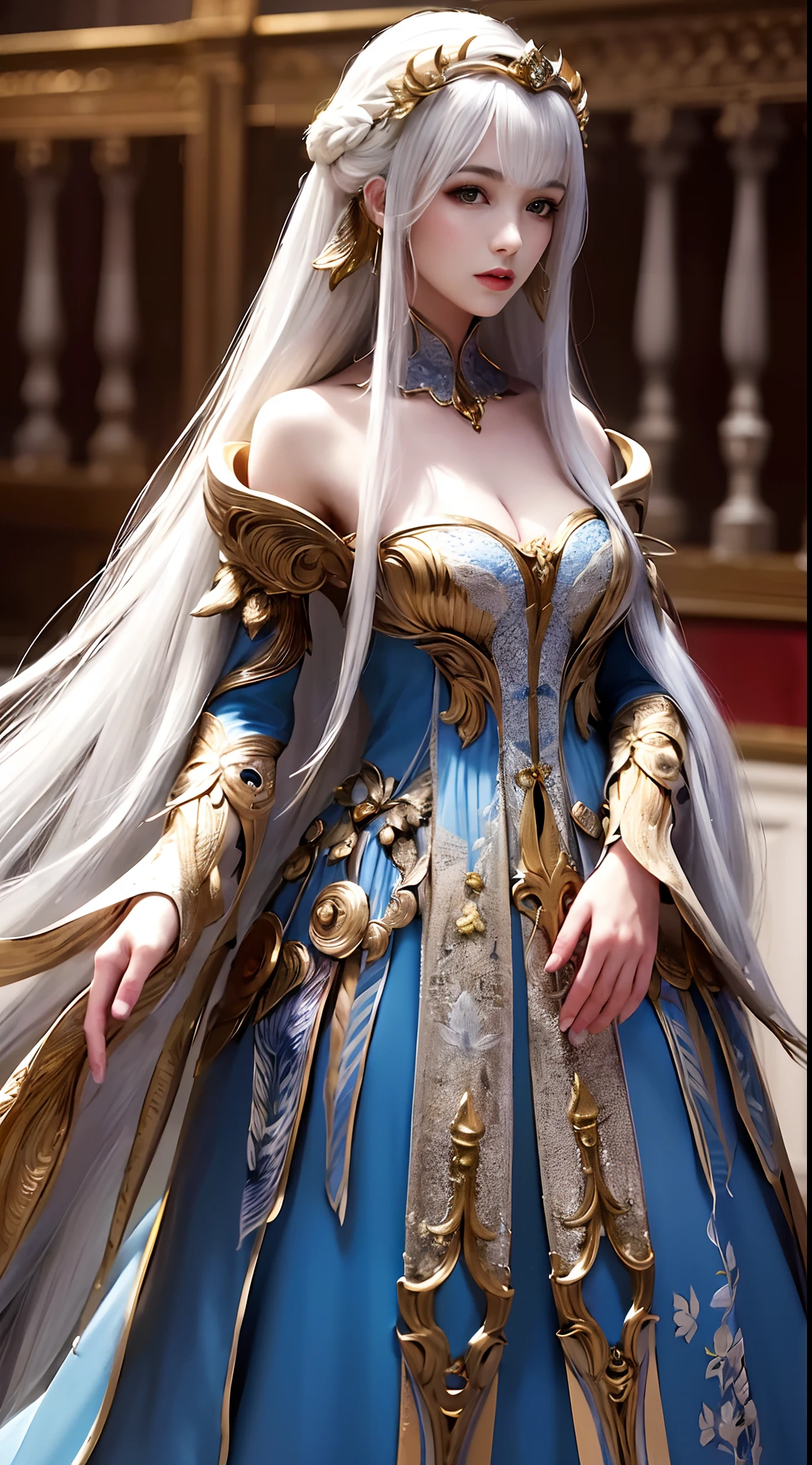 masterpiece, best quality, ung woman, detailed, medival dress, messy long hair, standing, look at the viewer, (serious: 0.85), (sliver hair: 1.25), white hair, high res, depth of field, best quality, highly detailed, sharp focus, modelshoot style, indoor